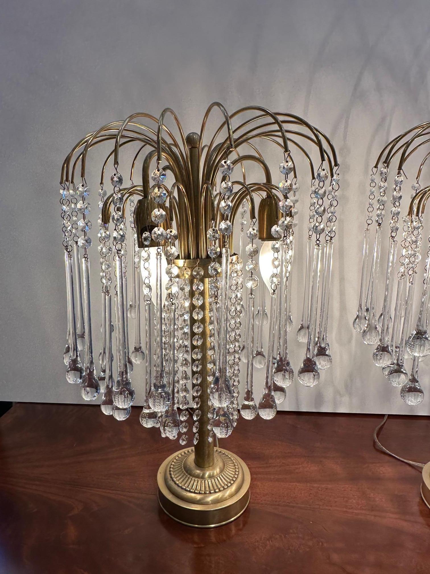 Mid-20th Century Glistening Pair of Glam Italian Crystal and Brass Table Lamps For Sale