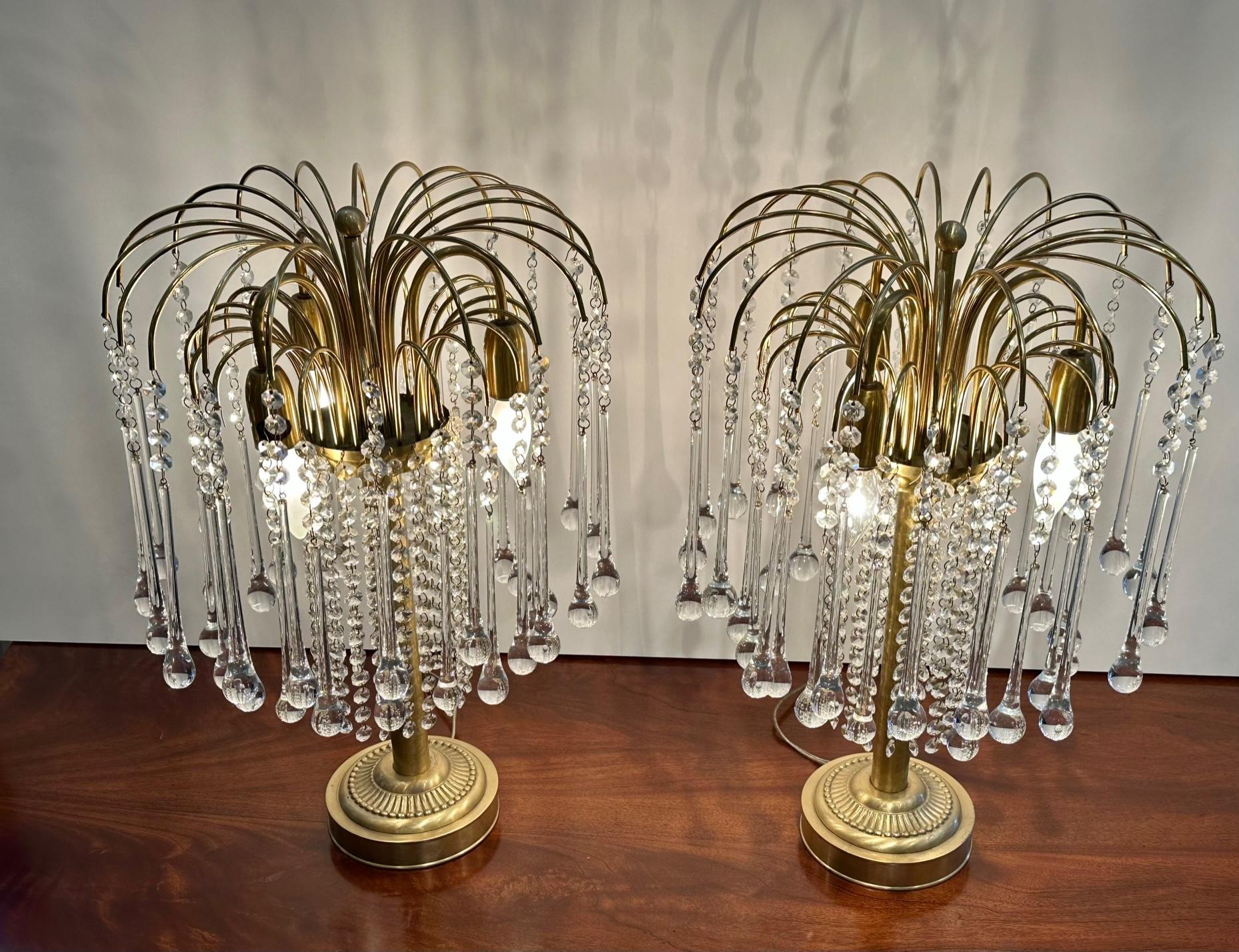 Glistening Pair of Glam Italian Crystal and Brass Table Lamps For Sale 2