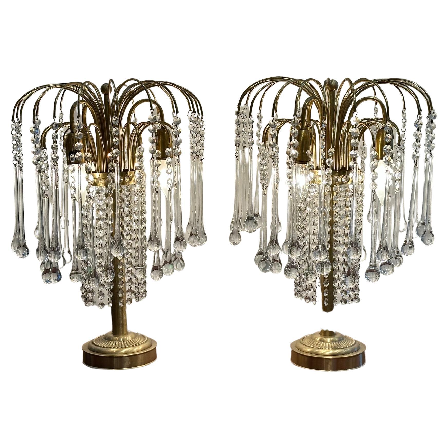 Glistening Pair of Glam Italian Crystal and Brass Table Lamps For Sale