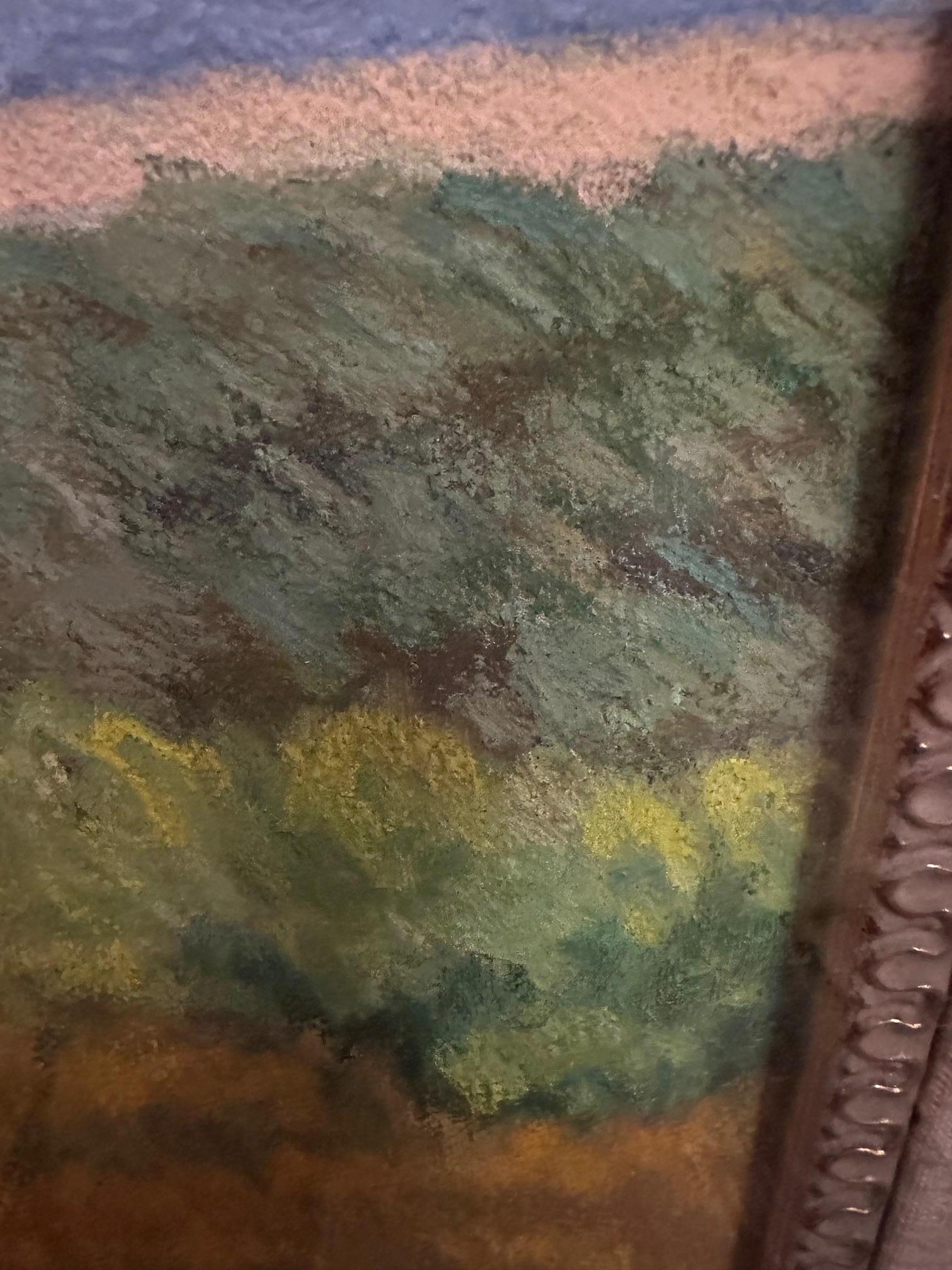 Reluciente paisaje al pastel de Alma Woods Coggins, artista cotizada del norte del estado de Nueva York.  En 1998 recibió el Premio Elizabeth Morse Genius por un óleo en una exposición celebrada en Pen and Brush de Nueva York.
Firmado, abajo a la