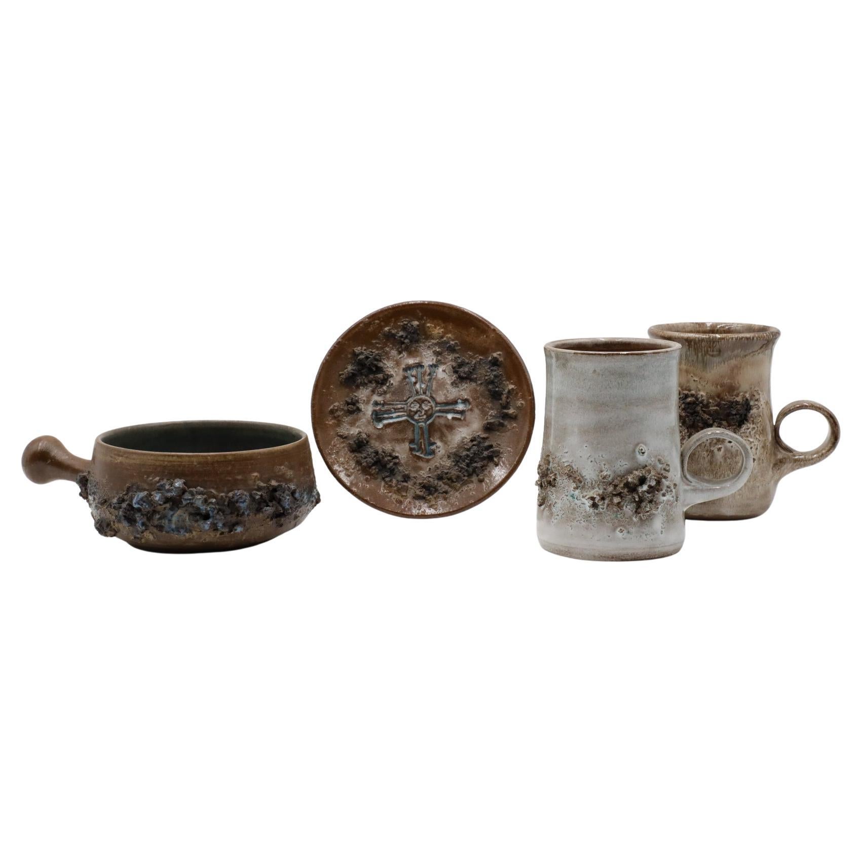 Glit HF Icelandic Mid-Century Fat Lava Ceramic Pottery Set of Mugs, Pot & Plate