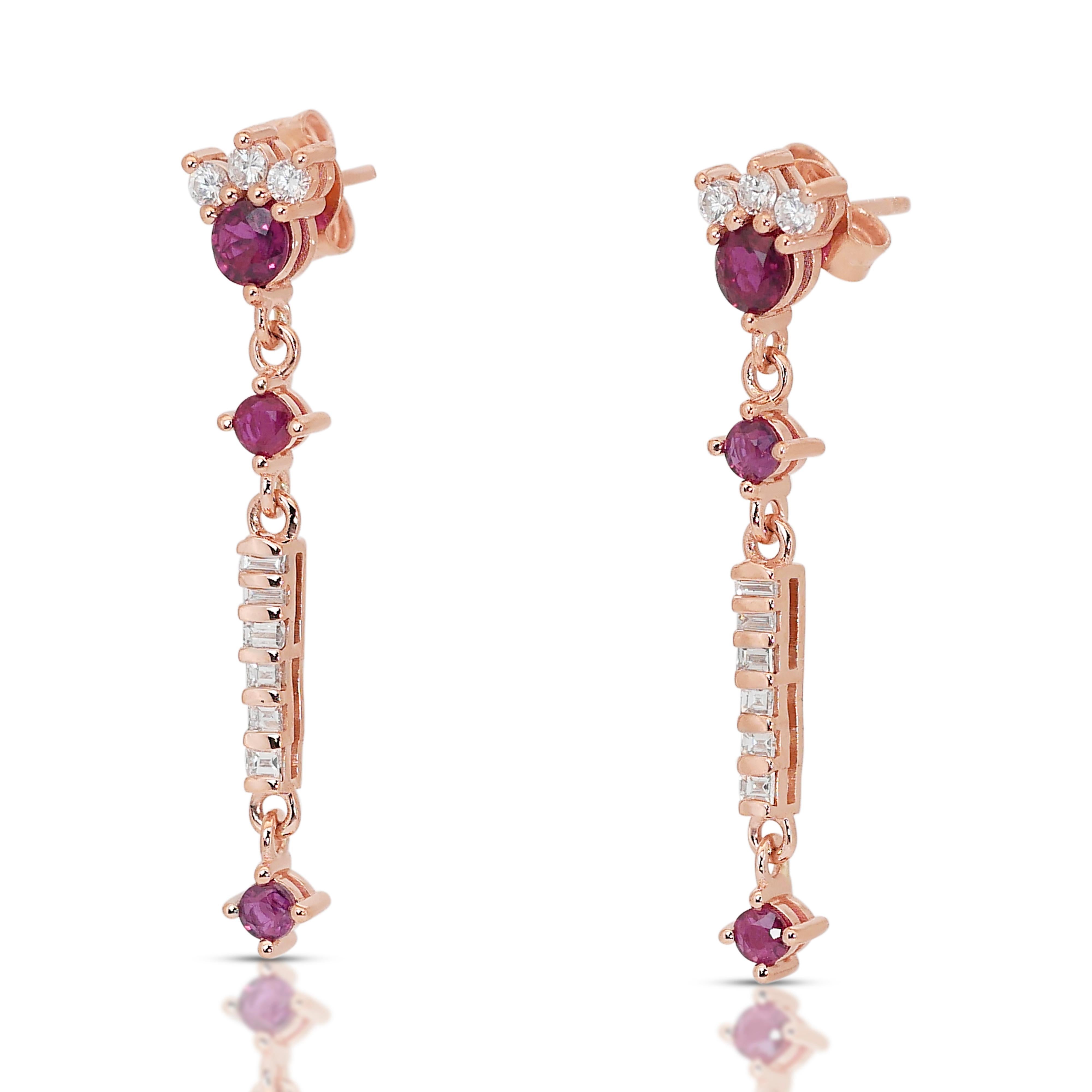 Round Cut Glittering 14k Rose Gold Rubies & Diamonds Drop Earrings w/1.20 ct-IGI Certified For Sale