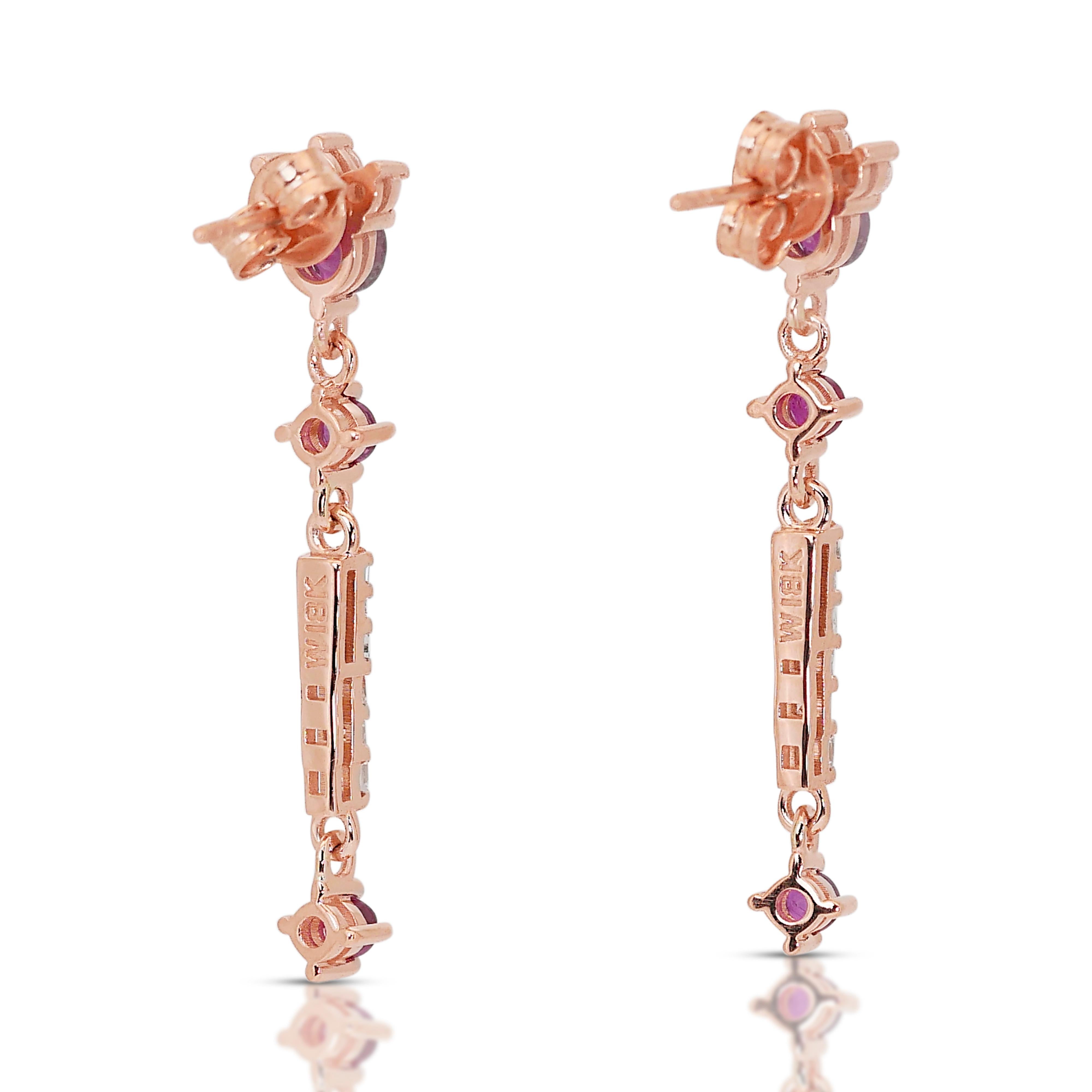 Glittering 14k Rose Gold Rubies & Diamonds Drop Earrings w/1.20 ct-IGI Certified In New Condition For Sale In רמת גן, IL