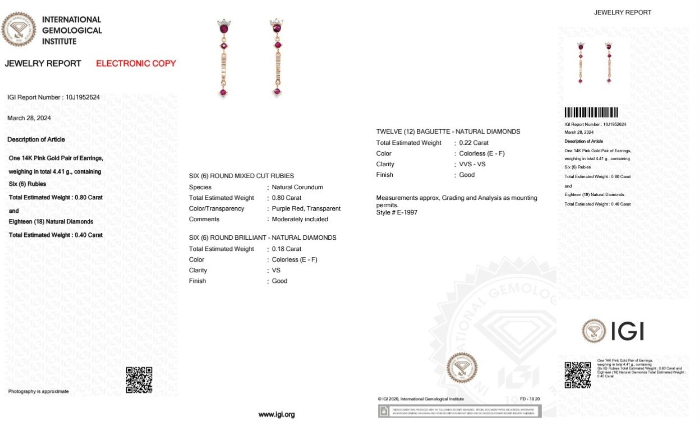 Women's Glittering 14k Rose Gold Rubies & Diamonds Drop Earrings w/1.20 ct-IGI Certified For Sale