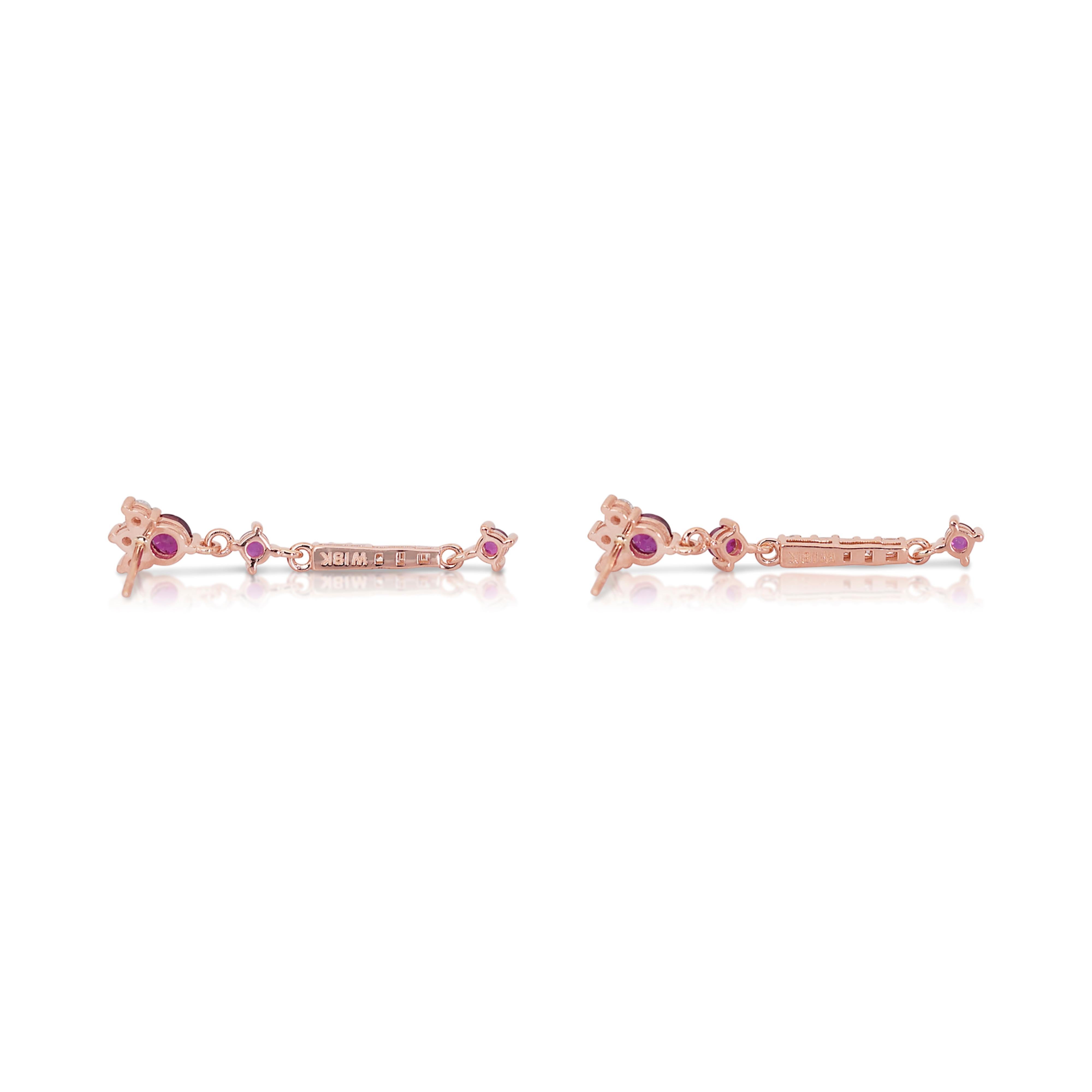 Glittering 14k Rose Gold Rubies & Diamonds Drop Earrings w/1.20 ct-IGI Certified For Sale 1