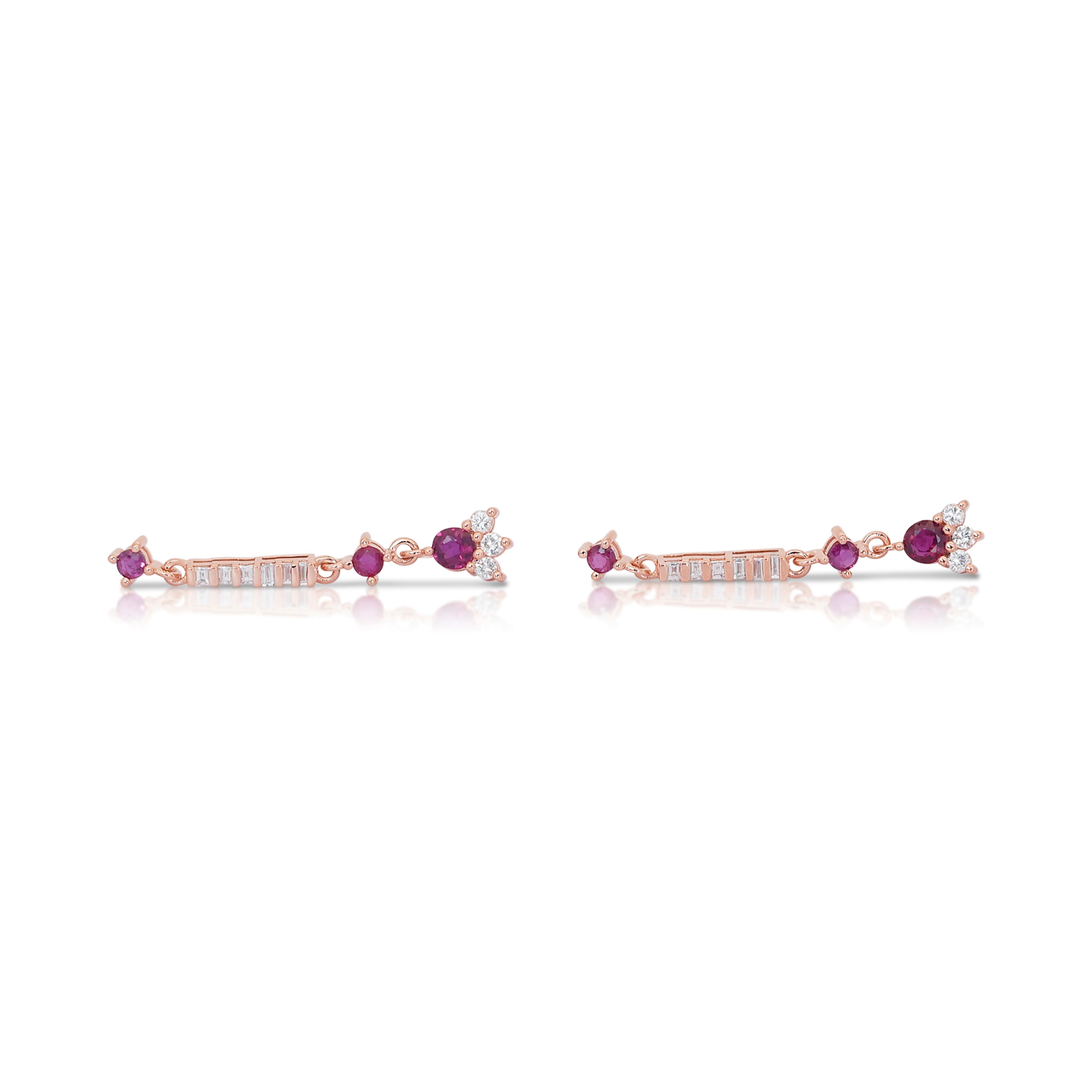 Glittering 14k Rose Gold Rubies & Diamonds Drop Earrings w/1.20 ct-IGI Certified For Sale 2