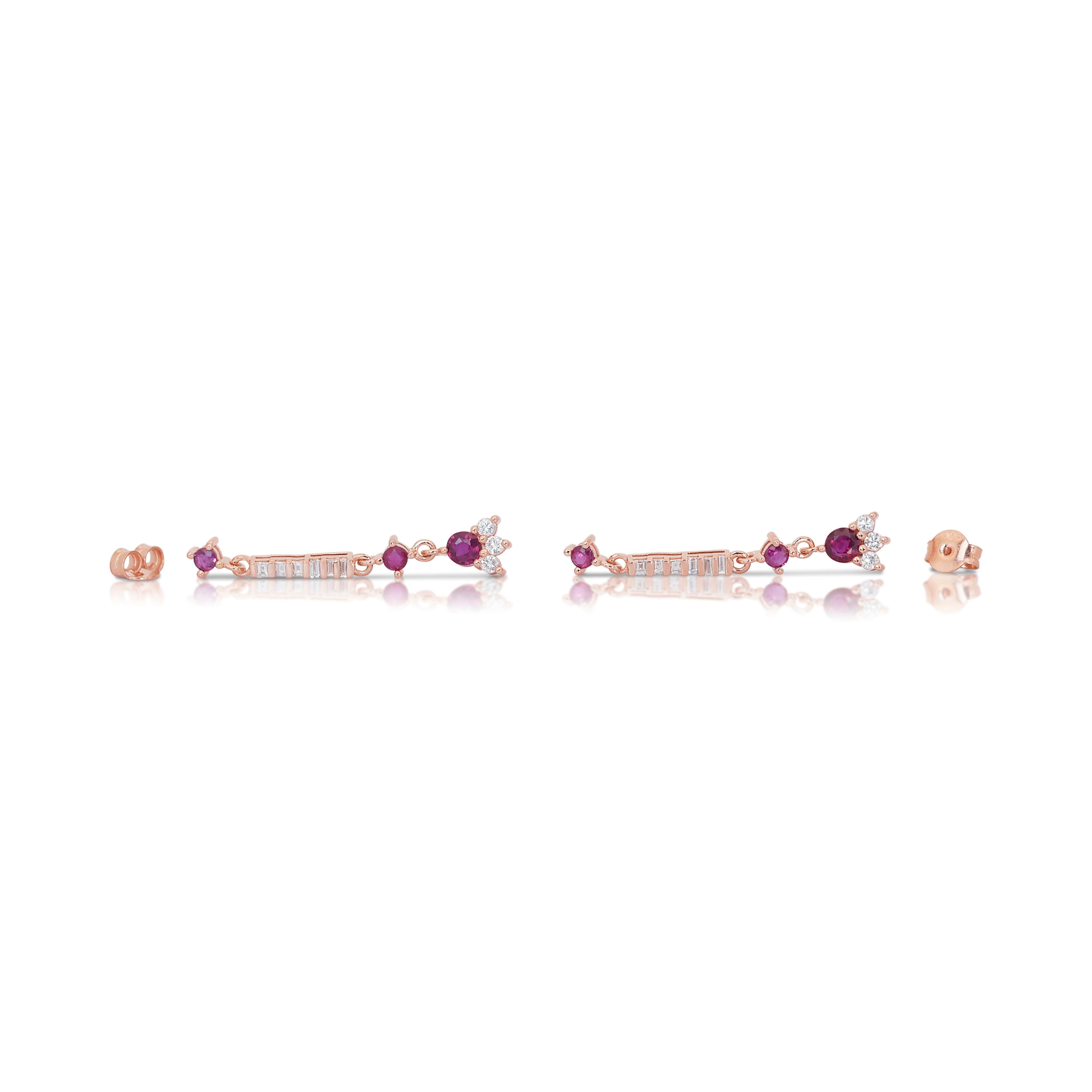 Glittering 14k Rose Gold Rubies & Diamonds Drop Earrings w/1.20 ct-IGI Certified For Sale 3