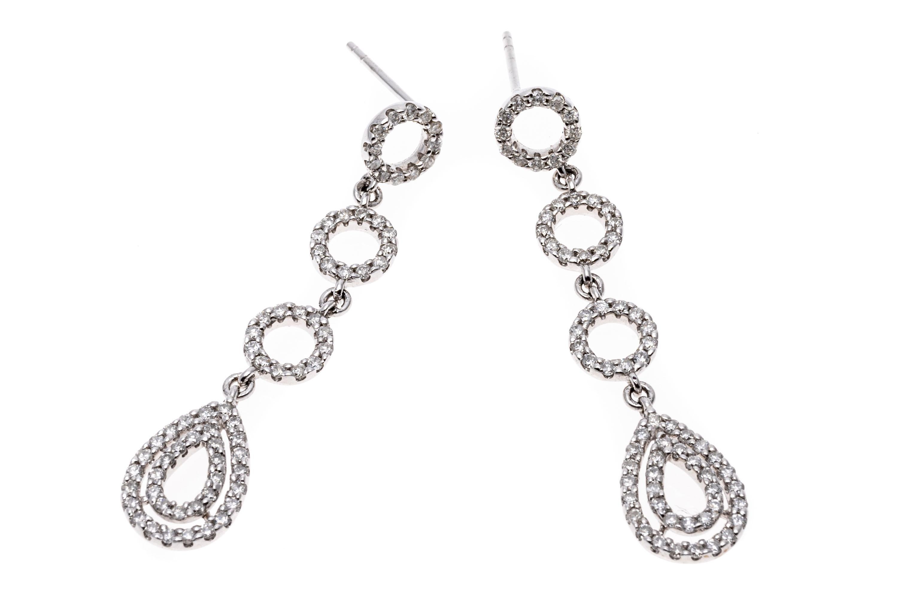 Round Cut Glittering 14k White Gold and Diamond Drop Earrings For Sale