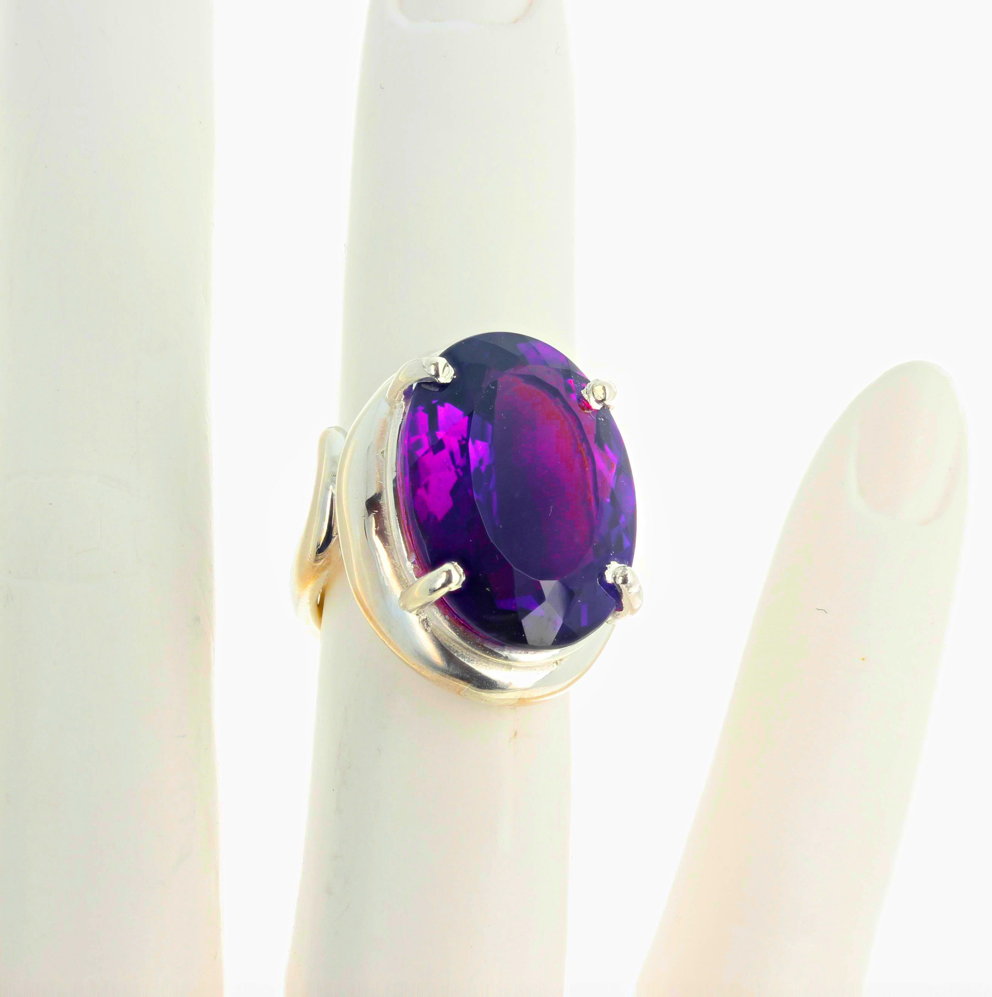 Oval Cut AJD Intense Sparkling Glittering 16.15 Cts Amethyst Sterling Silver Ring For Sale