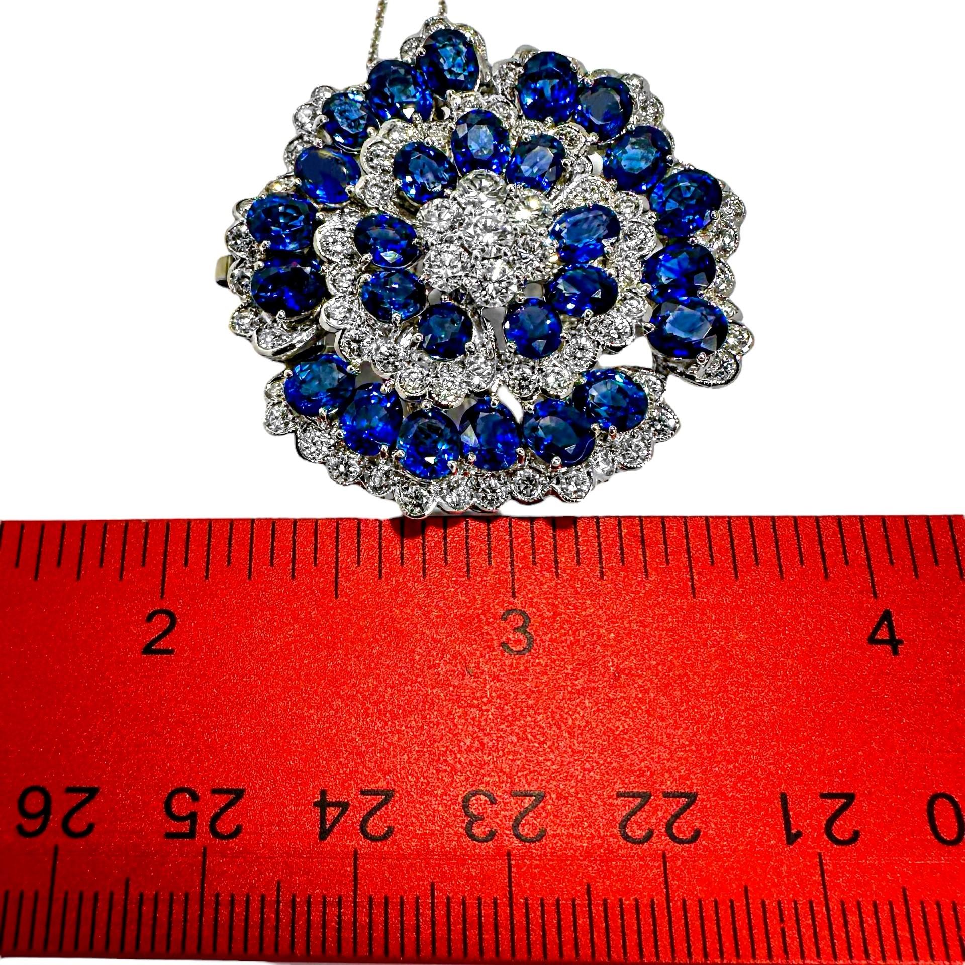 Brilliant Cut Glittering 18k White Gold Camellia Flower set with Diamonds and Blue Sapphires
