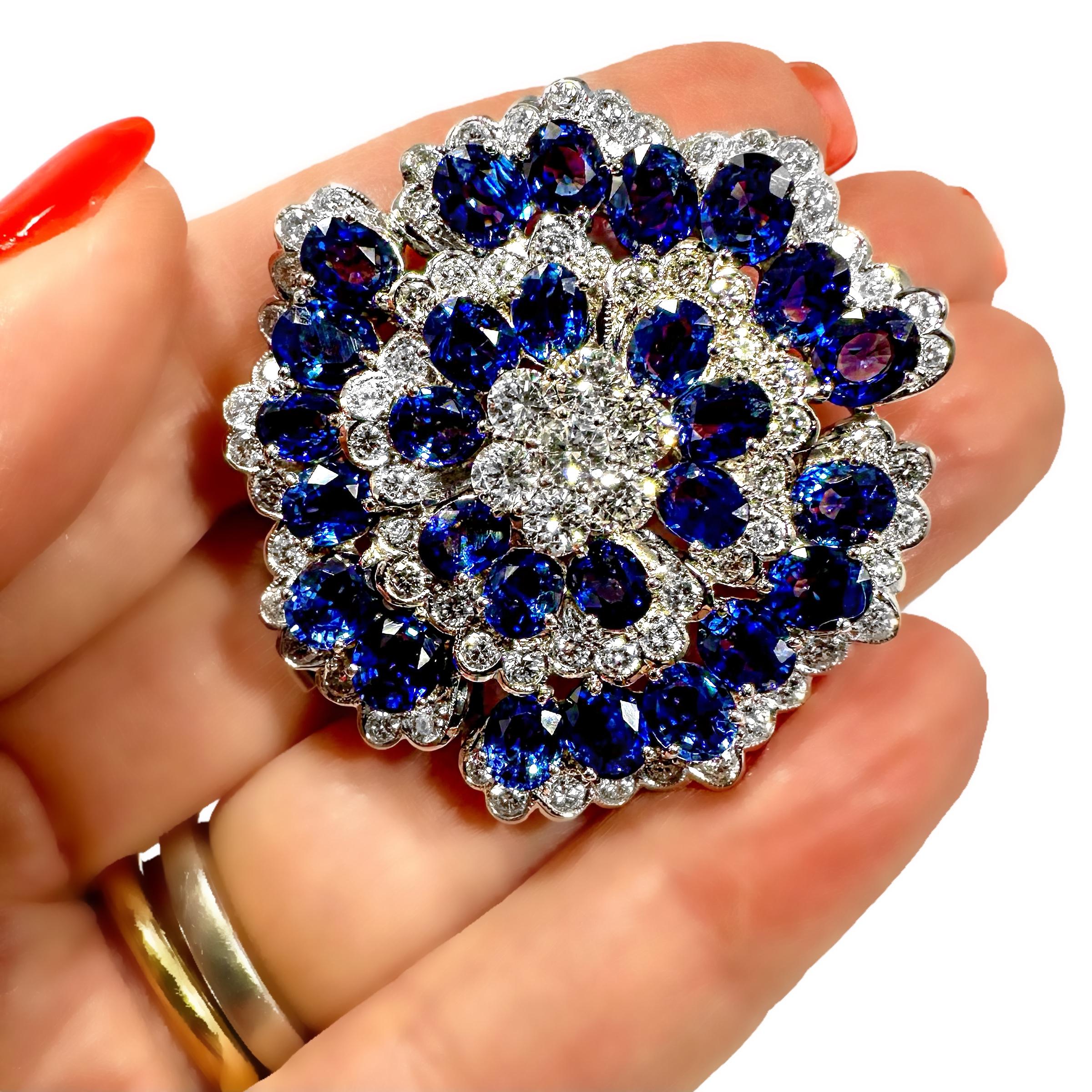 Glittering 18k White Gold Camellia Flower set with Diamonds and Blue Sapphires In Excellent Condition In Palm Beach, FL