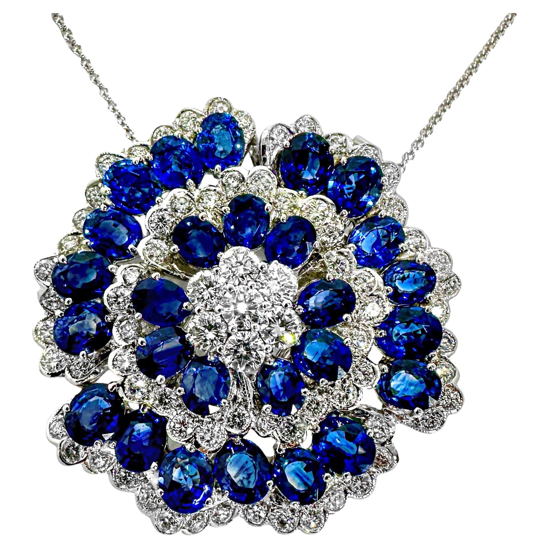Glittering 18k White Gold Camellia Flower set with Diamonds and Blue Sapphires