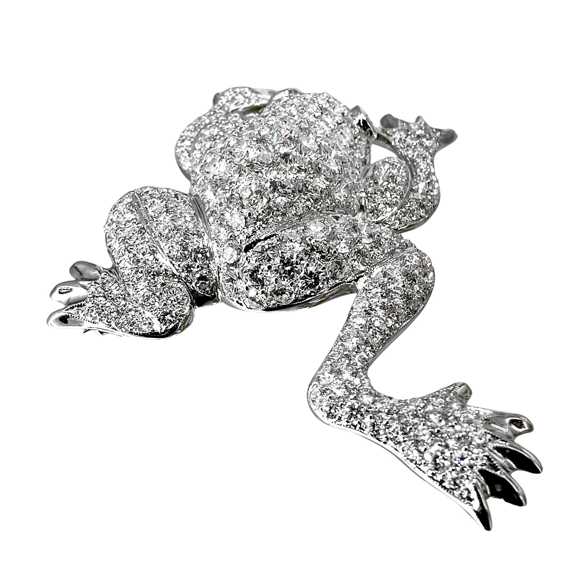 Modern Glittering 18k White Gold Diamond Encrusted Leaping Frog Brooch with 9.50cts For Sale