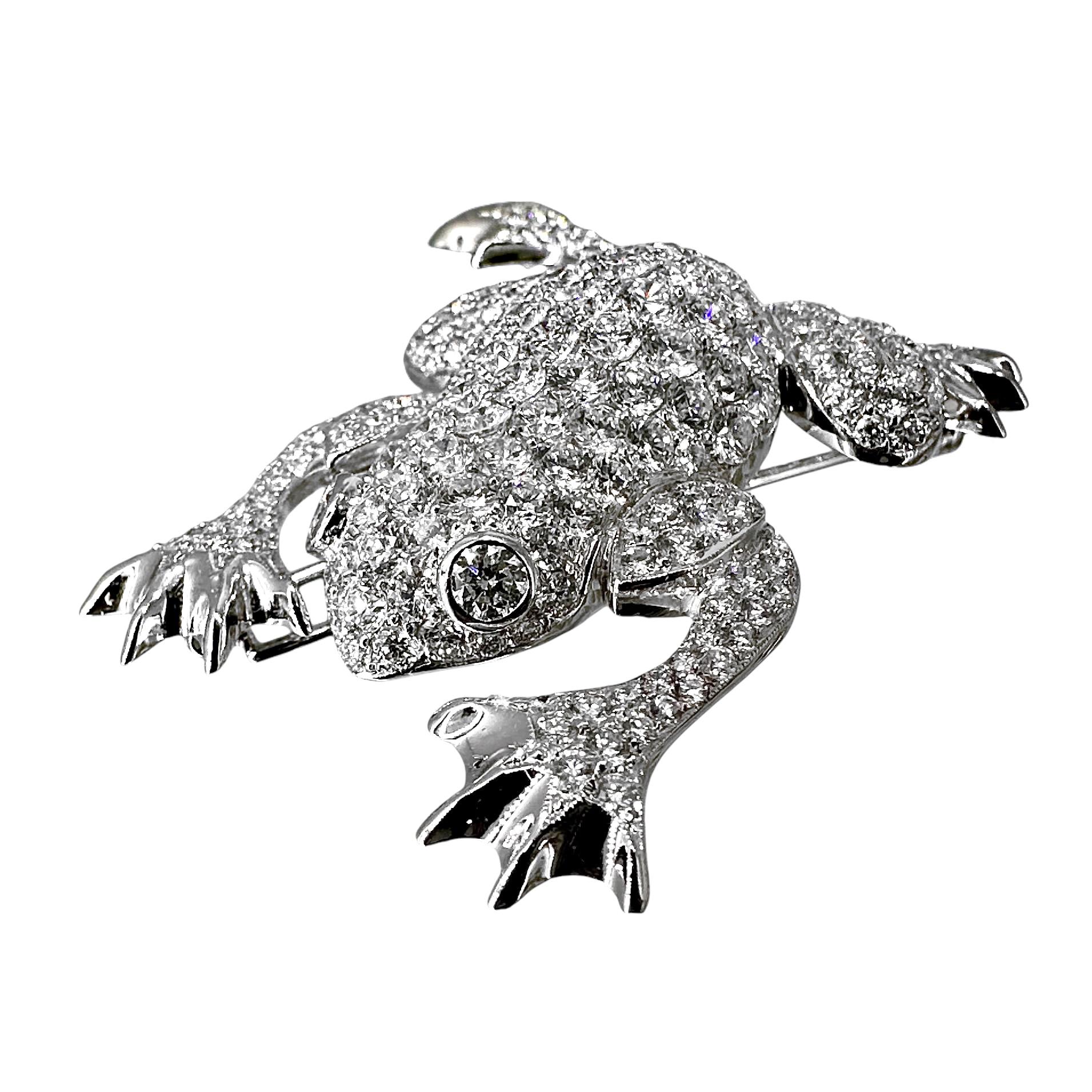 Brilliant Cut Glittering 18k White Gold Diamond Encrusted Leaping Frog Brooch with 9.50cts For Sale