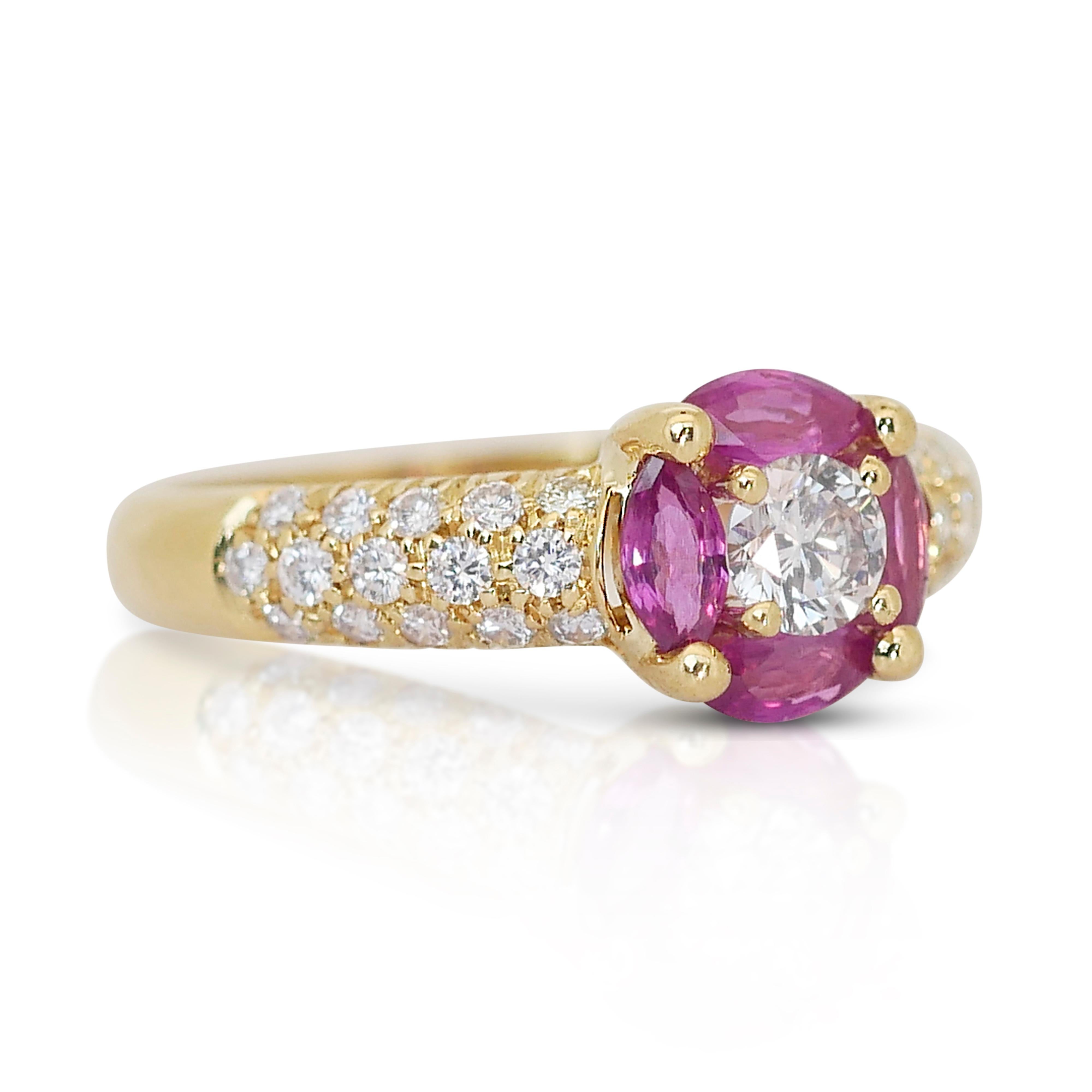 Brilliant Cut Glittering 18k Yellow Gold Ruby and Diamond Pave Ring w/1.35 ct - IGI Certified  For Sale