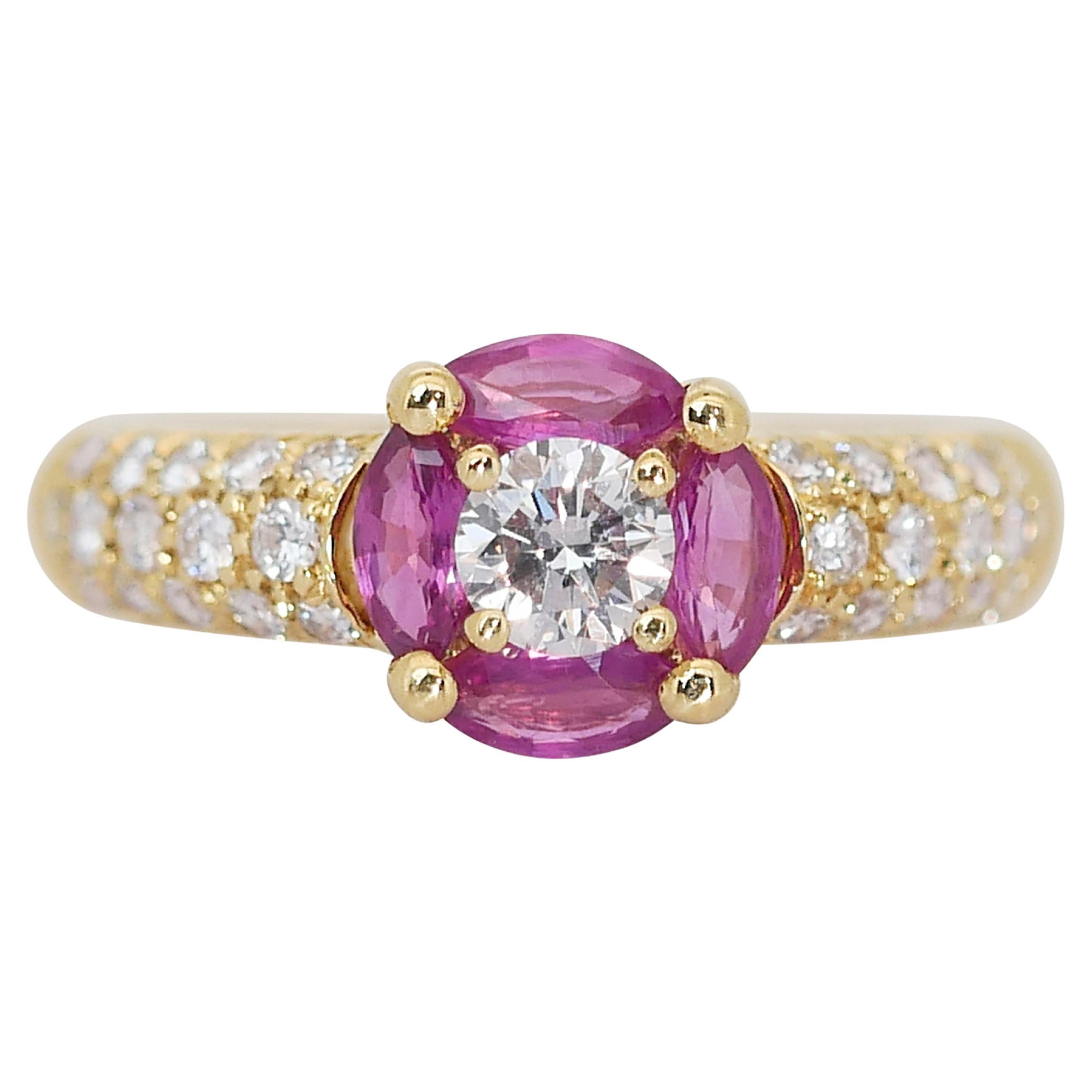 Glittering 18k Yellow Gold Ruby and Diamond Pave Ring w/1.35 ct - IGI Certified  For Sale