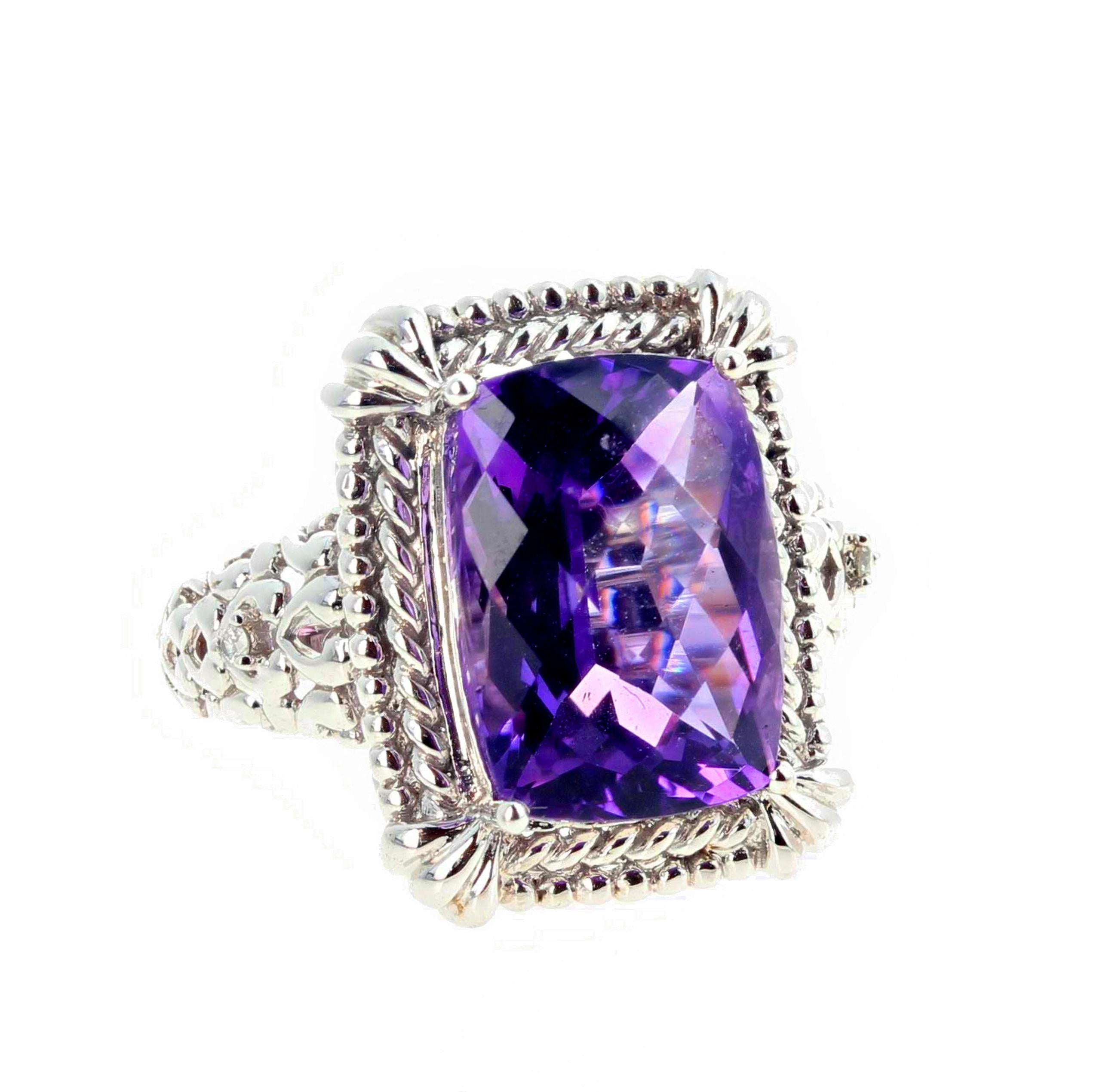 Gorgeous checkerboard gem cut 6.15 carats of clear glittering Amethyst set in this amazing 10kt white gold ring size 7.5 sizable FOR FREE.  The Amethyst is 14.6 mm x 12 mm with fascinating pinky purple tones.  