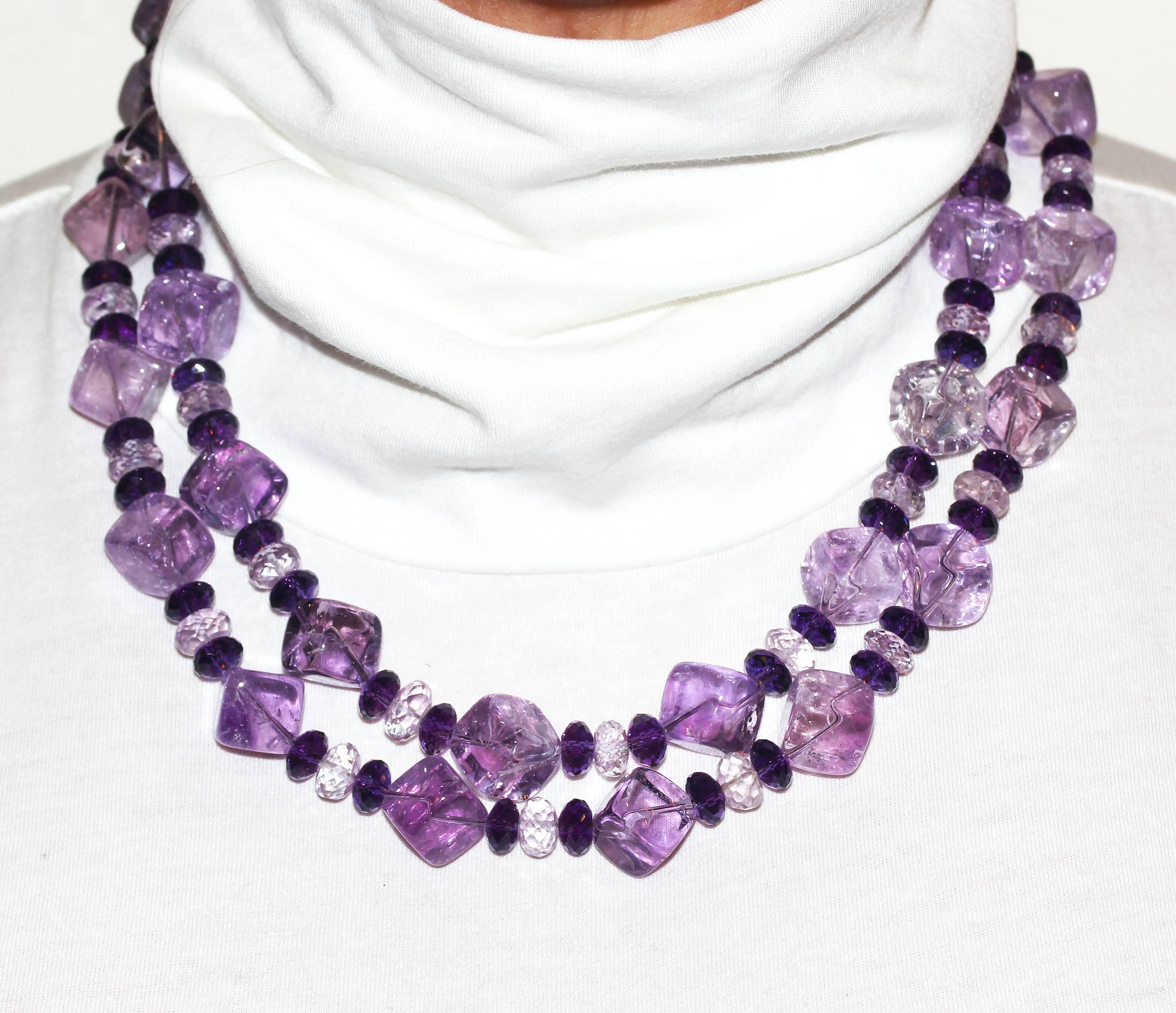 Rose Cut AJD Stunning Glittering Double Strand Amethysts & Rose of France Necklace