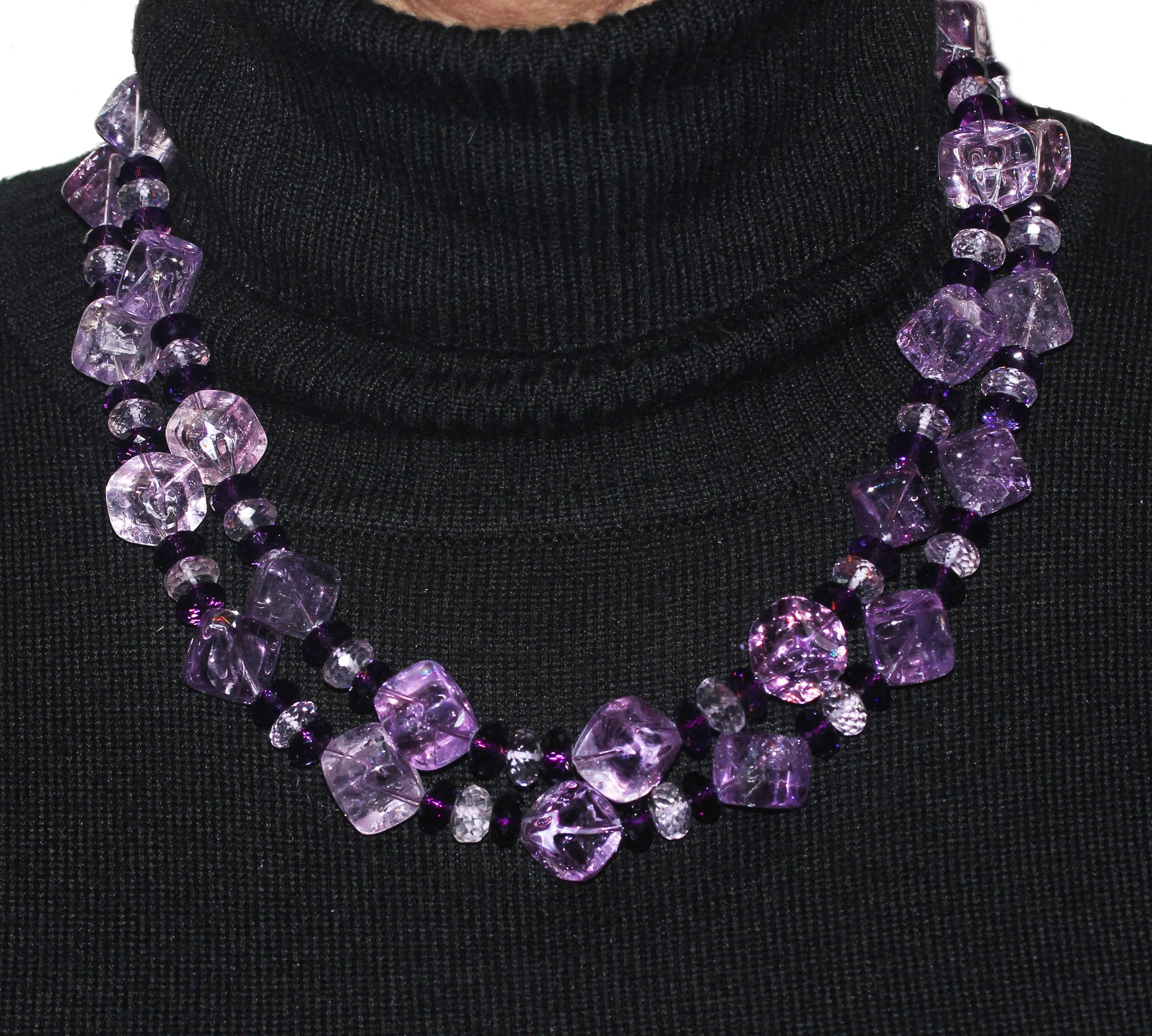 AJD Stunning Glittering Double Strand Amethysts & Rose of France Necklace In New Condition In Raleigh, NC