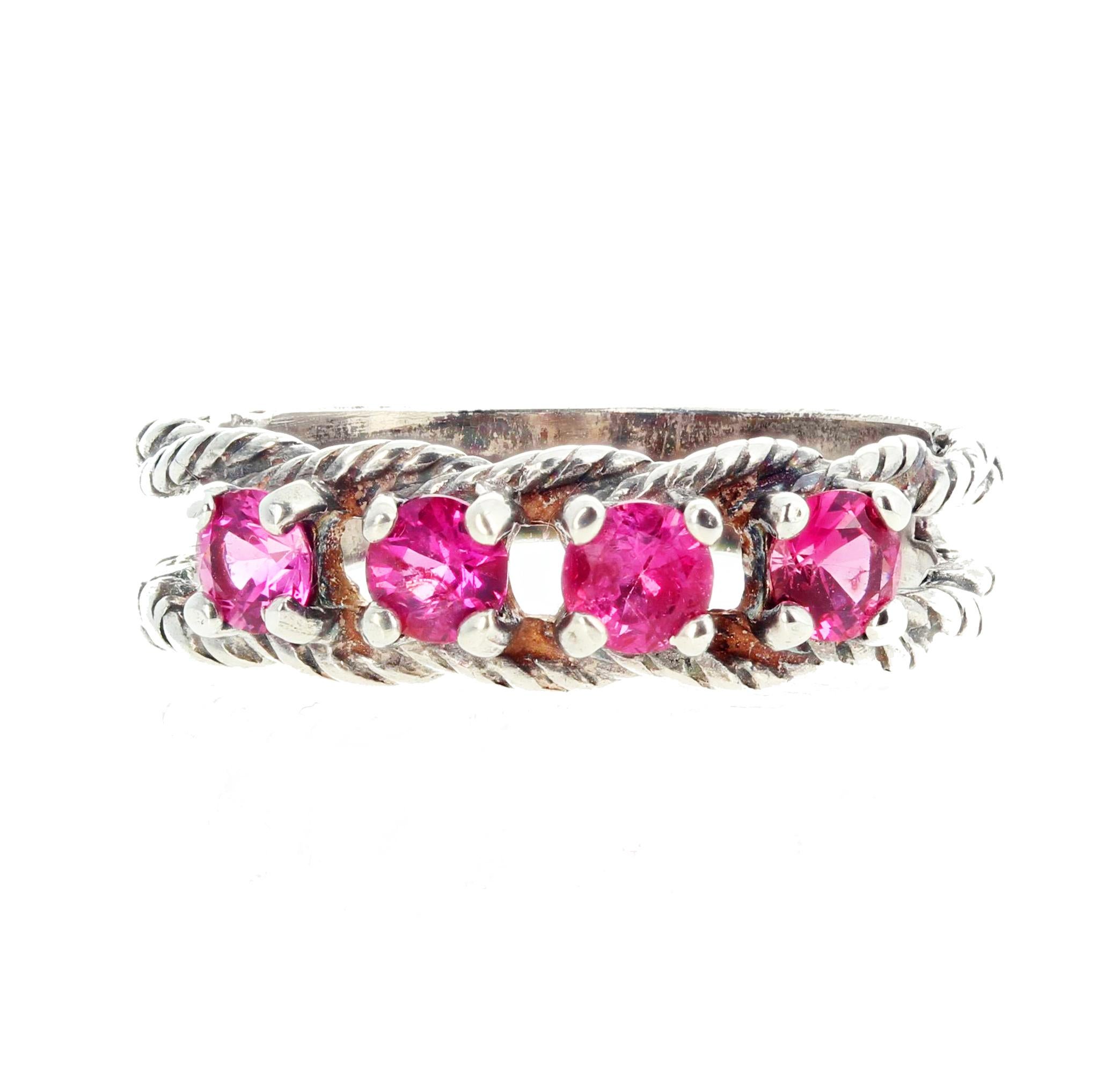 Four glittering super brilliant natural Pink Spinel - 3.5 mm round - .15 carats each - are set in this interesting lovely sterling silver ring size 7 sizable for free. 