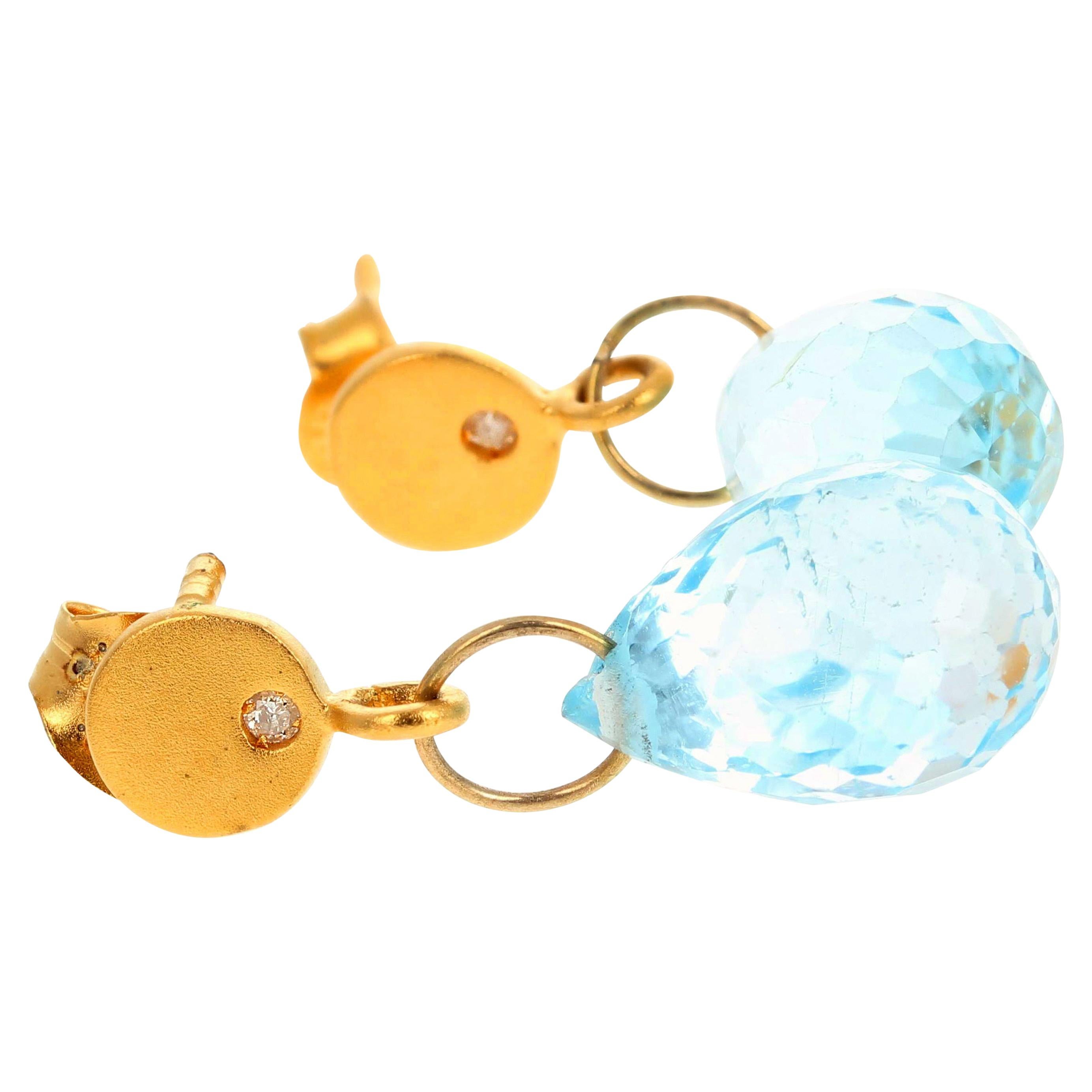 Glittering Elegant Dangling Blue Topaz & Diamond 14 Kt Yellow Gold Stud Earrings