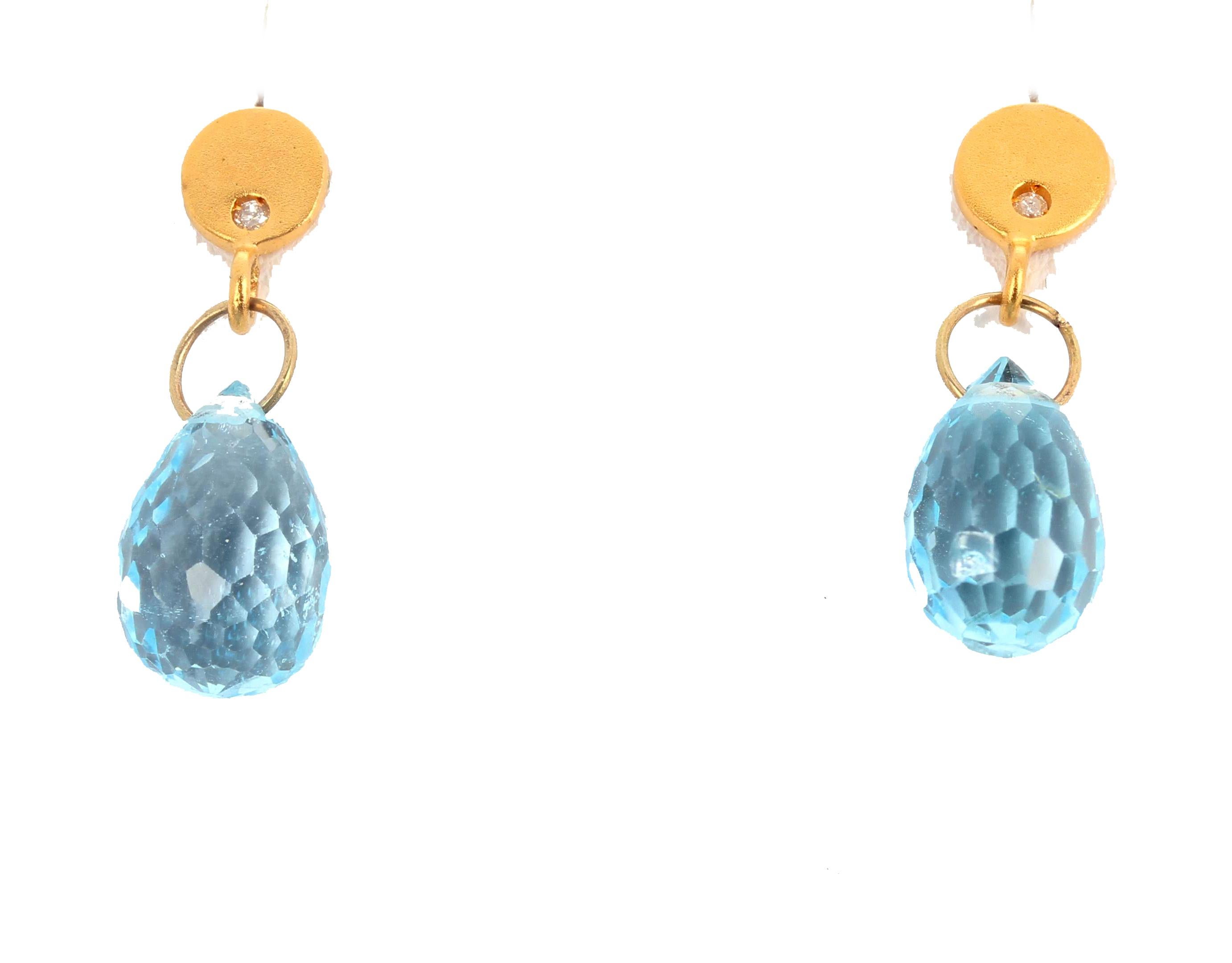 Baguette Cut Glittering Elegant Dangling Blue Topaz & Diamond 14 Kt Yellow Gold Stud Earrings
