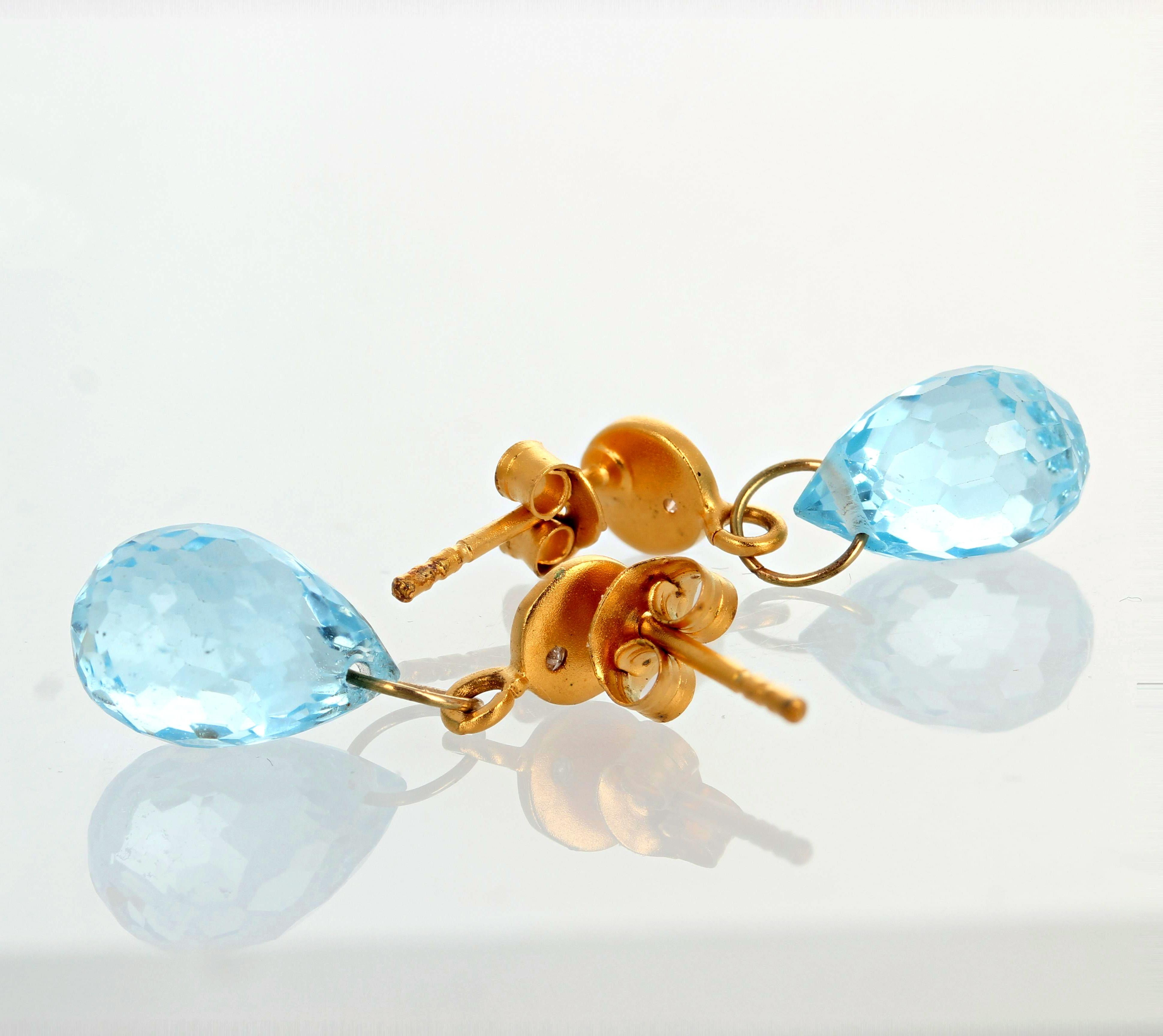 Glittering Elegant Dangling Blue Topaz & Diamond 14 Kt Yellow Gold Stud Earrings 1