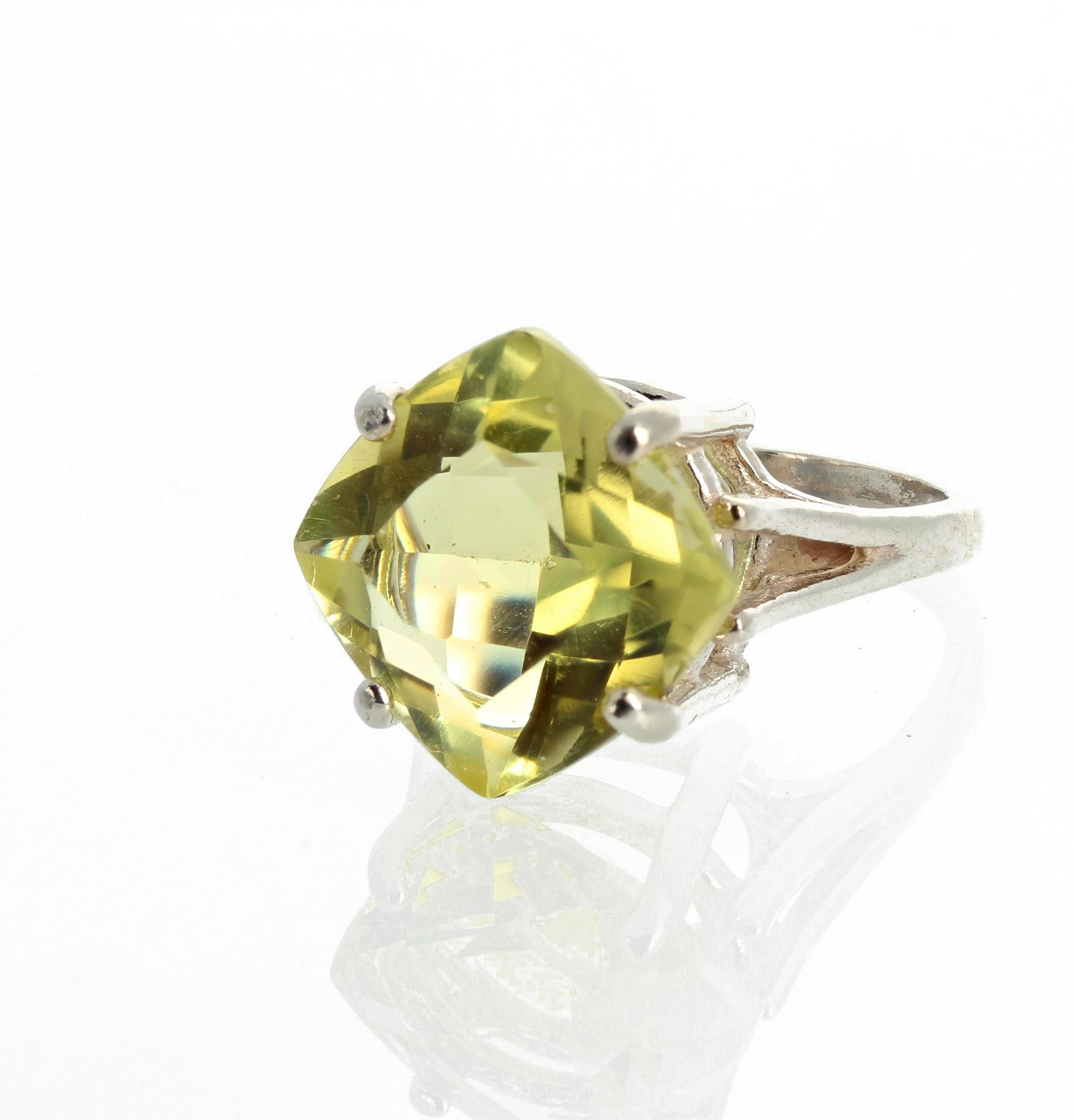 Brilliant square emerald cut sparkling 7.3 carat Lemon Quartz (13 mm x 13 mm) set in a sterling silver ring size 7 (sizable FOR FREE).  