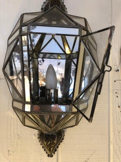 Glittering Pair of Tin Glass and Mirrored Faceted Lantern Sconces