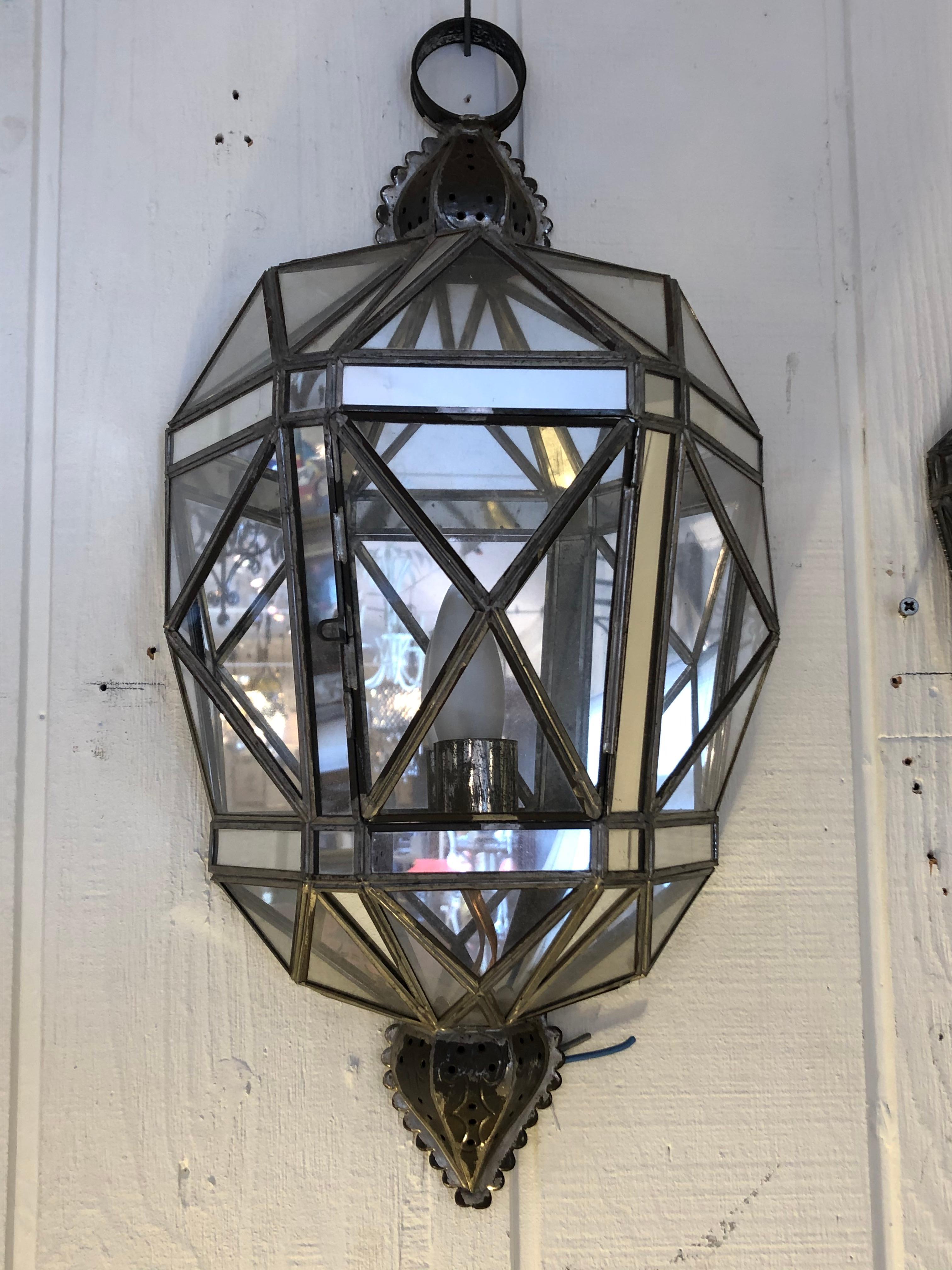 Glittering Pair of Tin Glass and Mirrored Faceted Lantern Sconces In Good Condition For Sale In Hopewell, NJ
