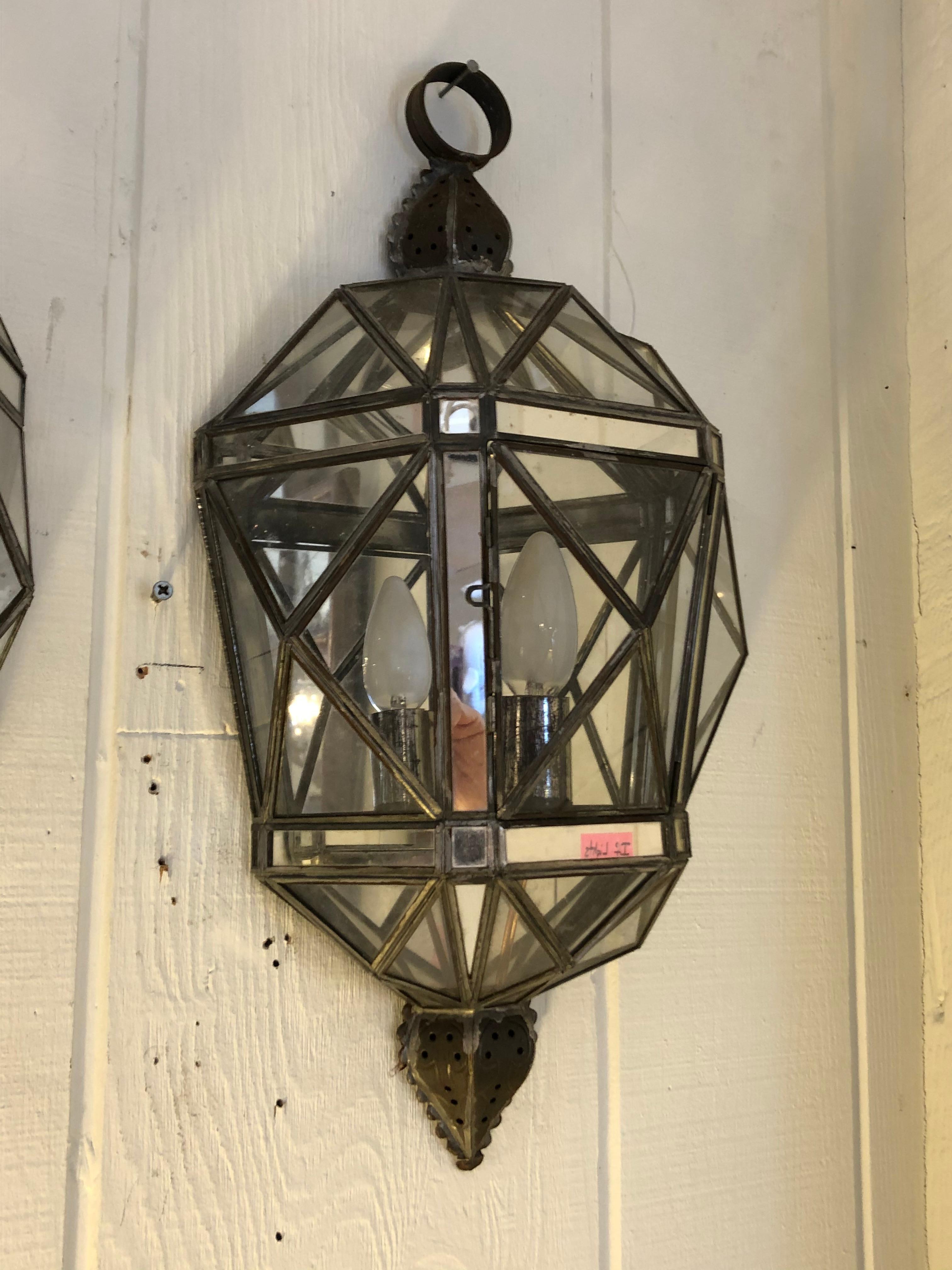 Metal Glittering Pair of Tin Glass and Mirrored Faceted Lantern Sconces For Sale