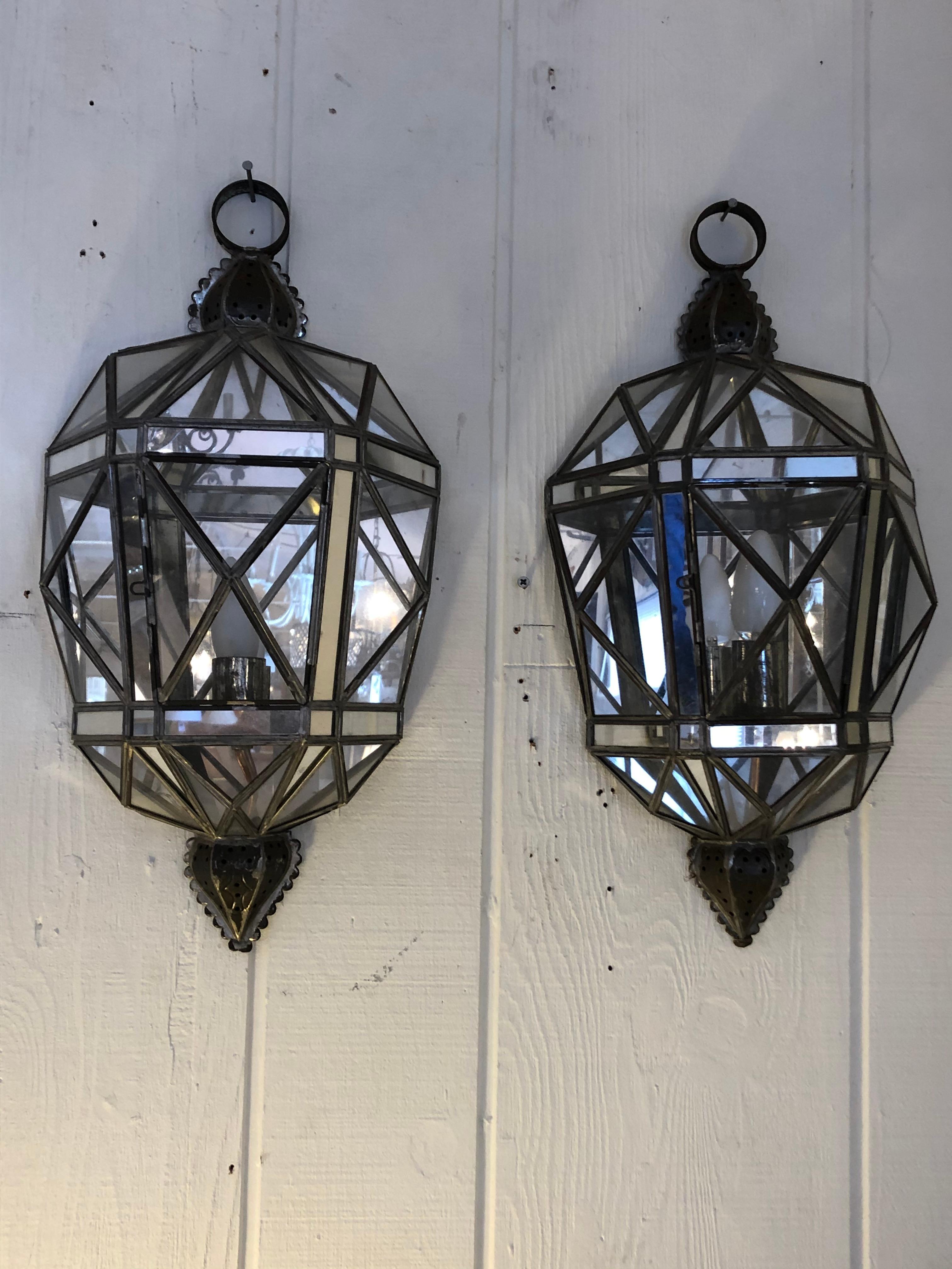 Glittering Pair of Tin Glass and Mirrored Faceted Lantern Sconces For Sale 1