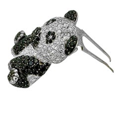 Glittering Panda Bear Brooch With Black & White Diamonds Set in Platinum