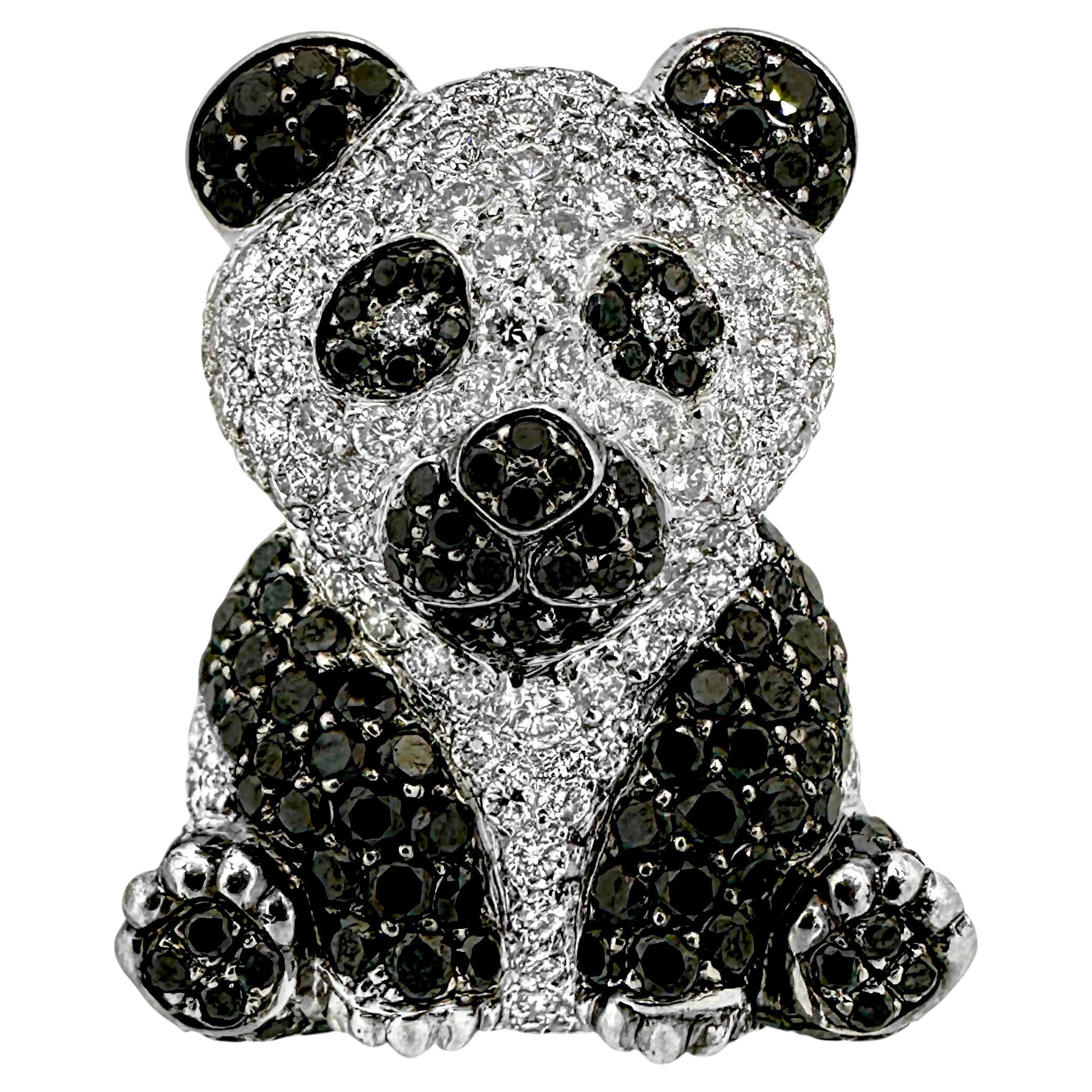 Glittering Panda Bear Brooch With Black 
White Diamonds Set in Platinum