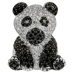 Glittering Panda Bear Brooch With Black 
White Diamonds Set in Platinum