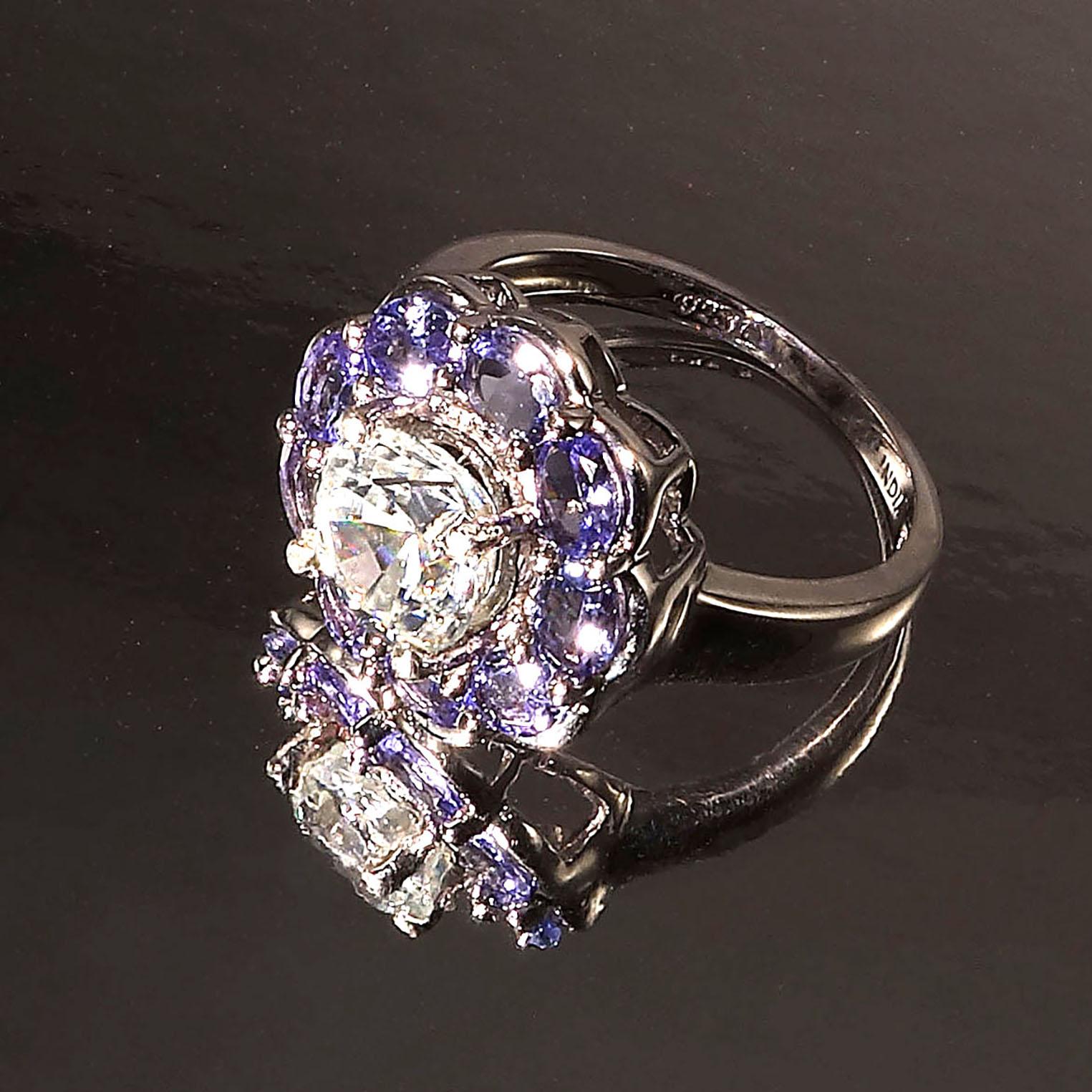 Women's or Men's AJD Glittering Round Zircon Surrounded by Tanzanites Cocktail Ring 