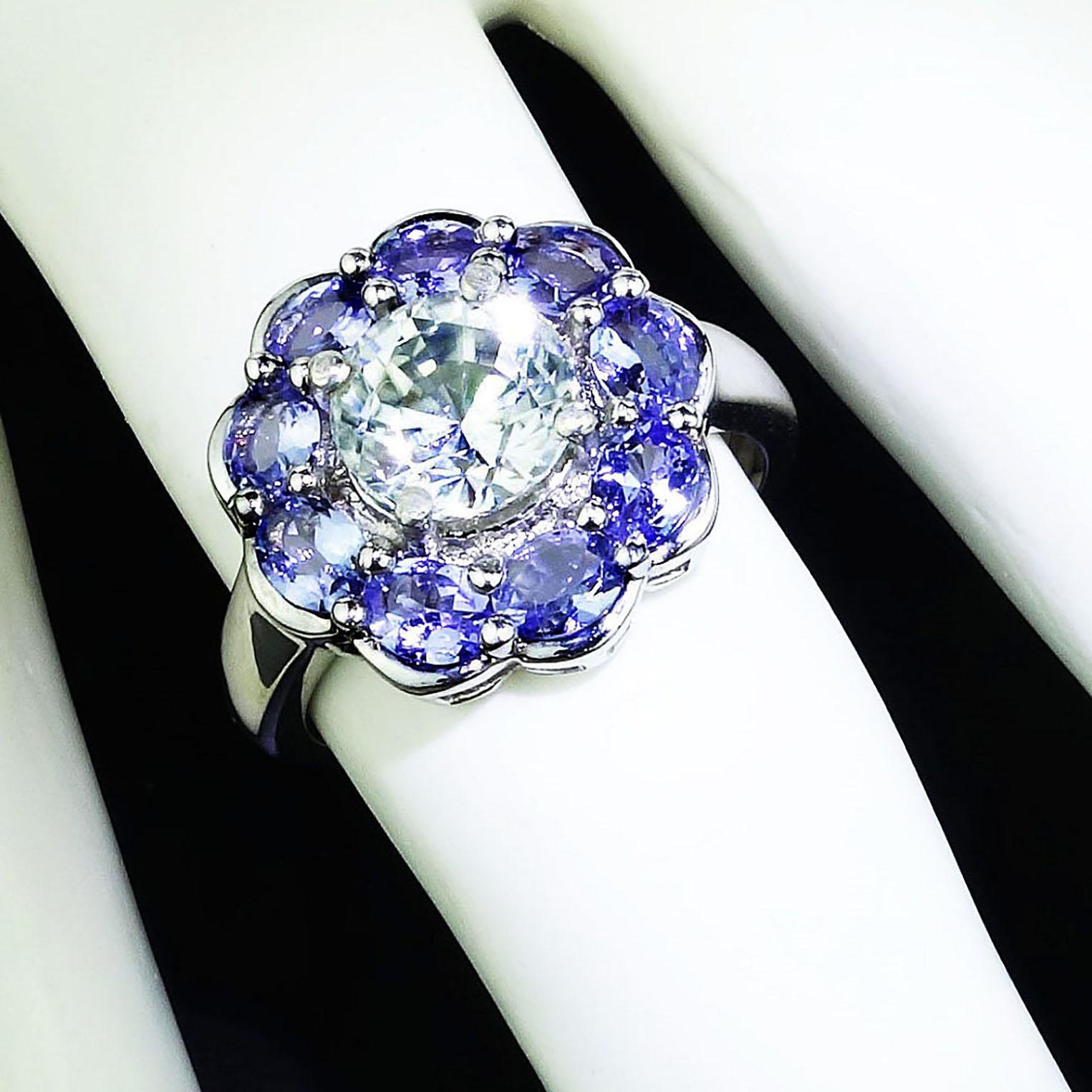 AJD Glittering Round Zircon Surrounded by Tanzanites Cocktail Ring  2