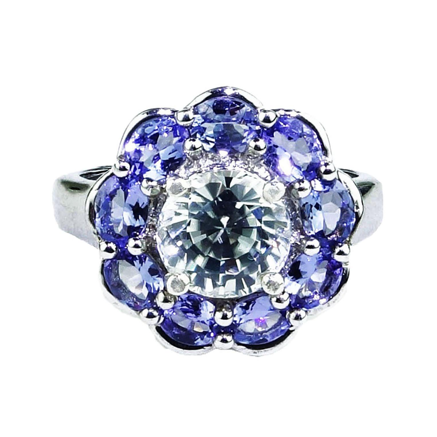 Artisan AJD Glittering Round Zircon Surrounded by Tanzanites Cocktail Ring 