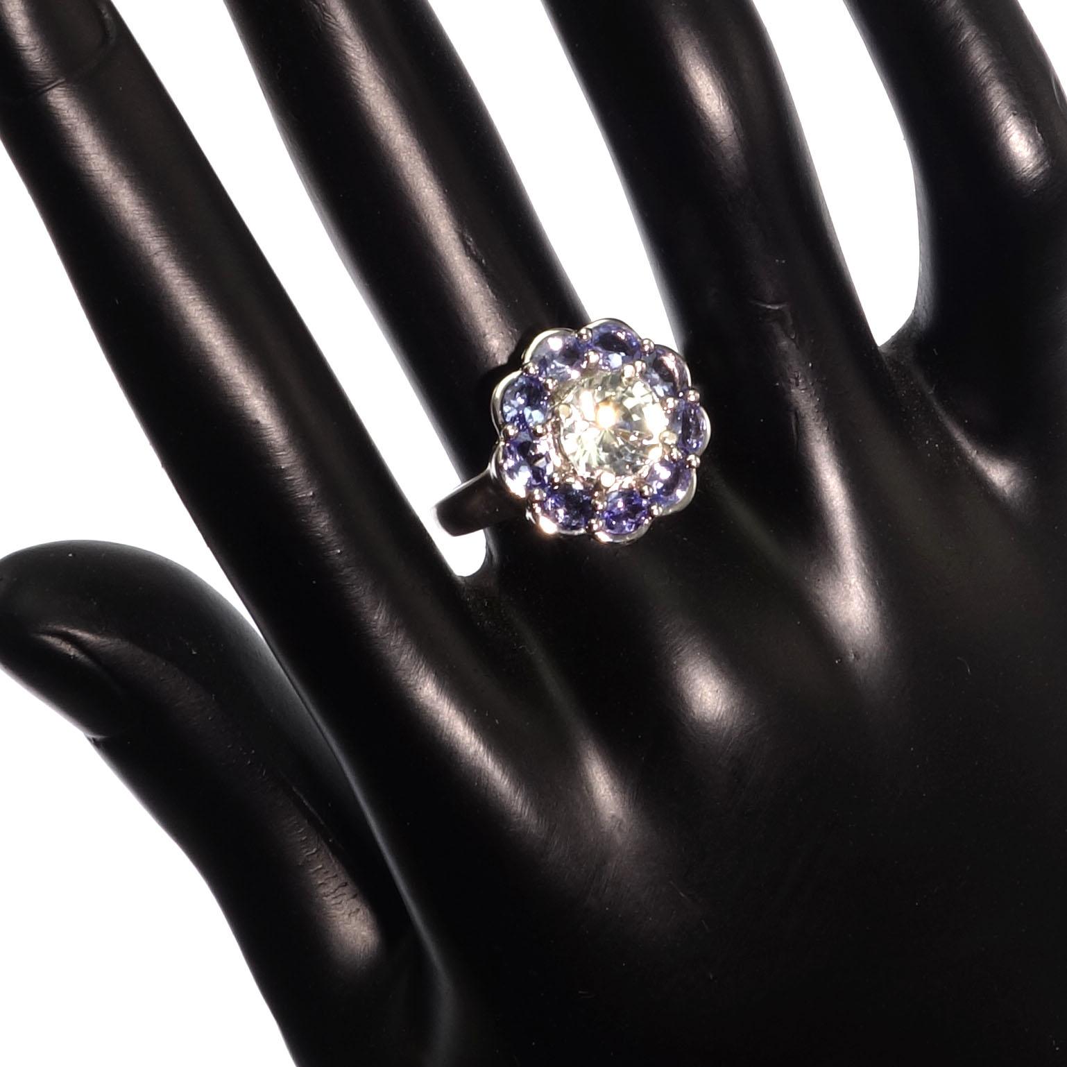 AJD Glittering Round Zircon Surrounded by Tanzanites Cocktail Ring  In New Condition In Raleigh, NC