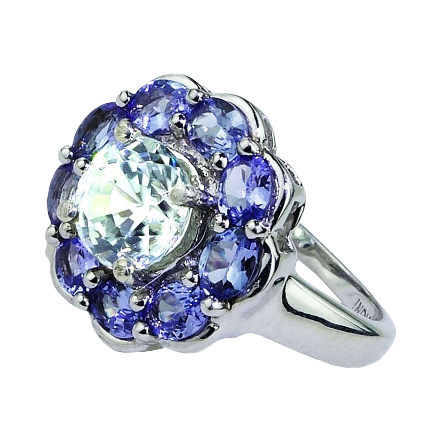 AJD Glittering Round Zircon Surrounded by Tanzanites Cocktail Ring 