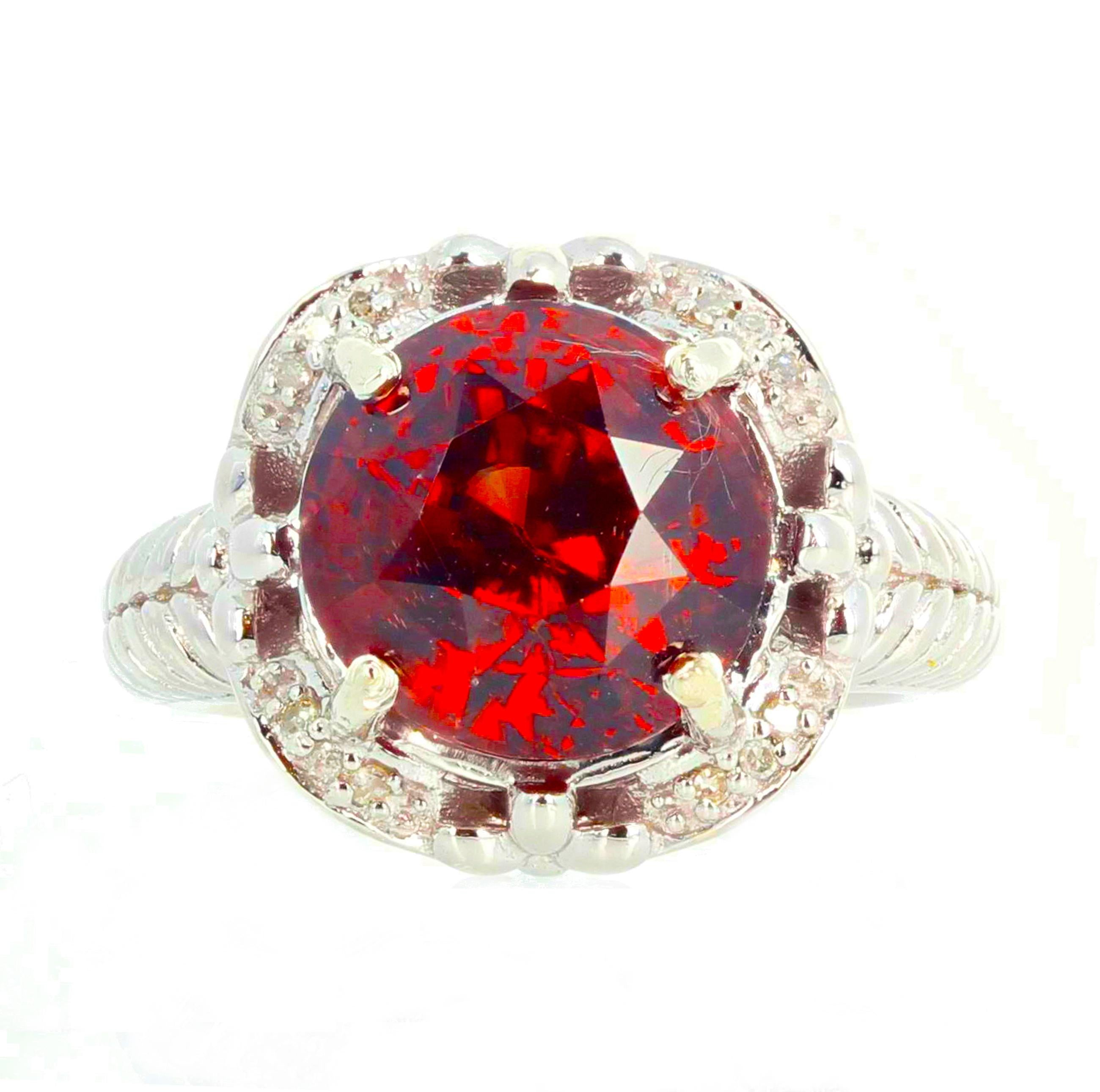 Beyond glittering unique 11.2 mm reddish orangy natural Cambodian Zircon set with teeny tiny diamonds (0.06 carats) in Platinum plated sterling silver ring size 7 (sizable).  