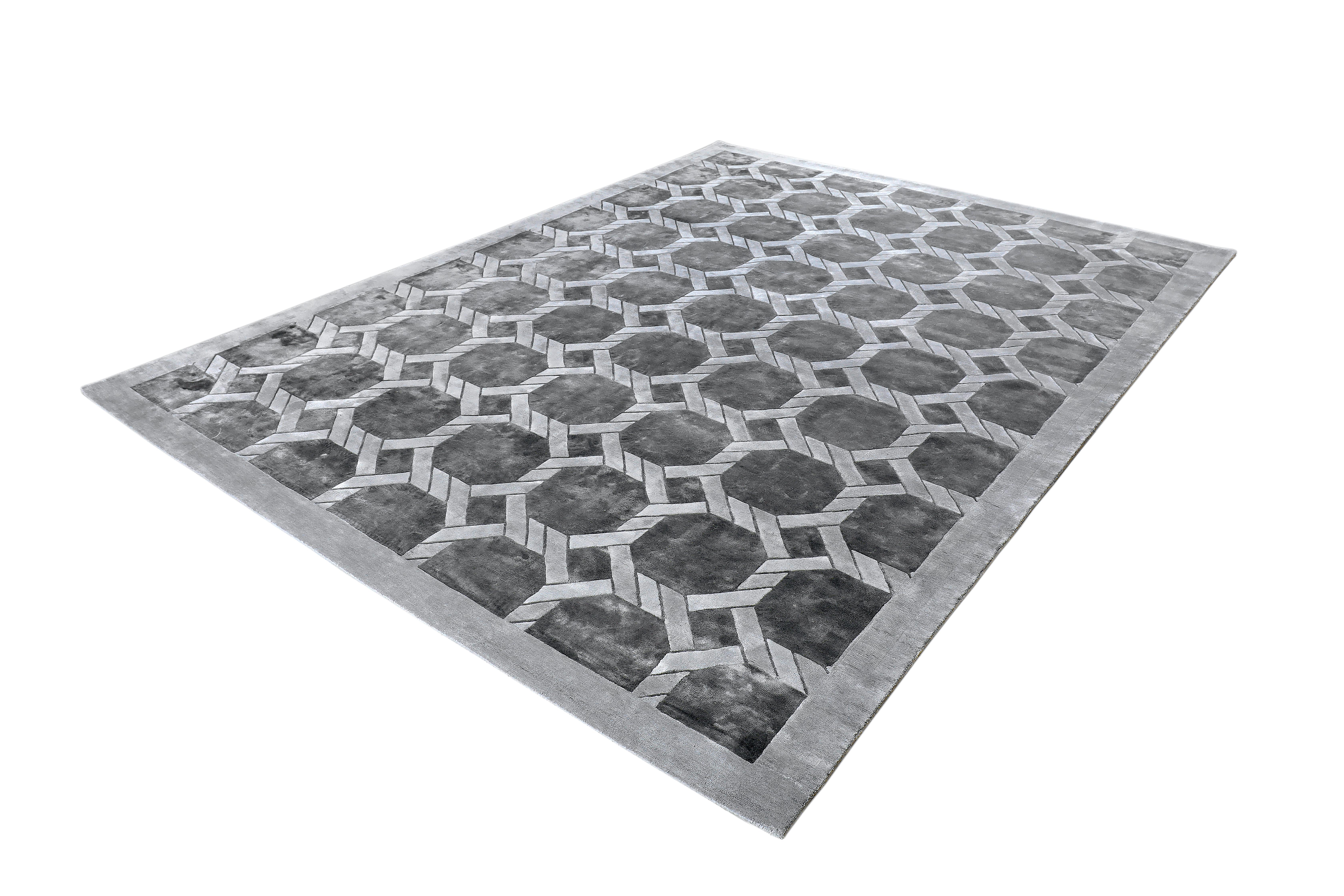 GLITZ Handgeknüpfter moderner geometrischer Seidenteppich in silberfarbenem Taupe von Hand (Moderne) im Angebot