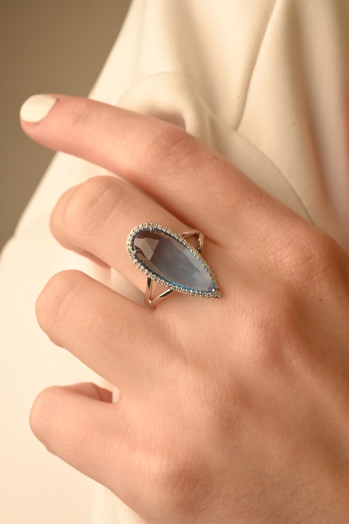 For Sale:  Glitzy 6.82 Carat Pear Blue Topaz Diamond Cocktail Ring in 14k Solid White Gold 4