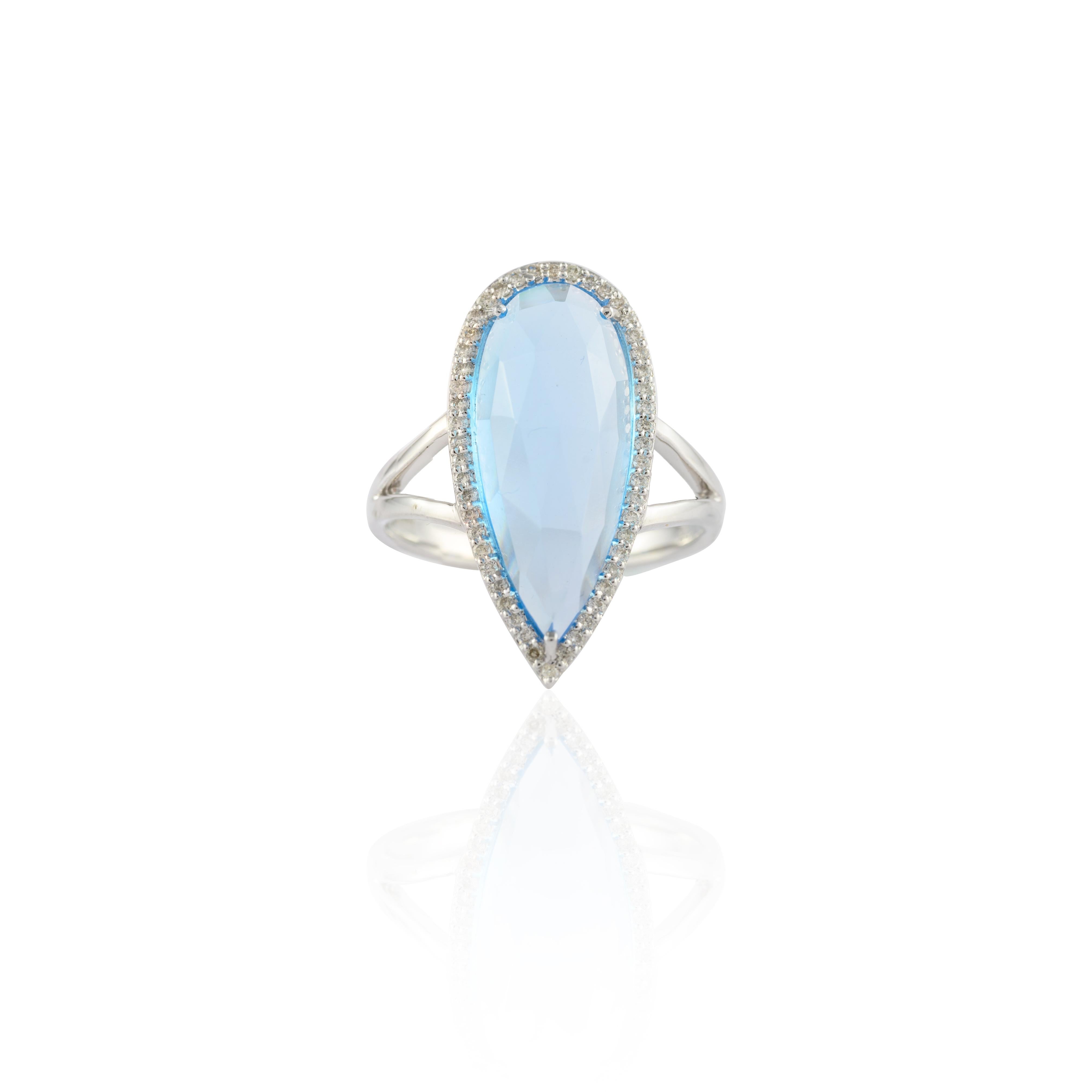 For Sale:  Glitzy 6.82 Carat Pear Blue Topaz Diamond Cocktail Ring in 14k Solid White Gold 3