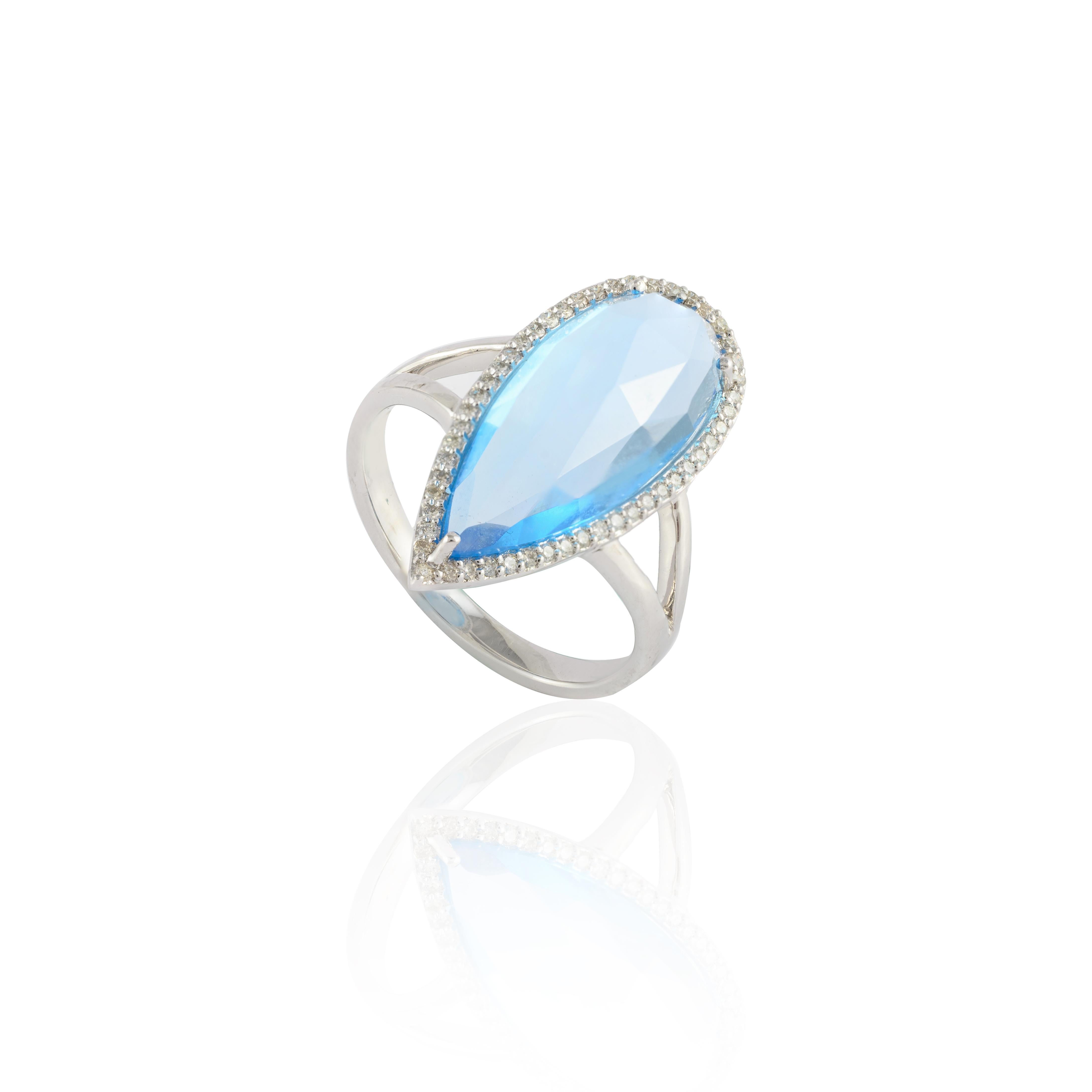 For Sale:  Glitzy 6.82 Carat Pear Blue Topaz Diamond Cocktail Ring in 14k Solid White Gold 8