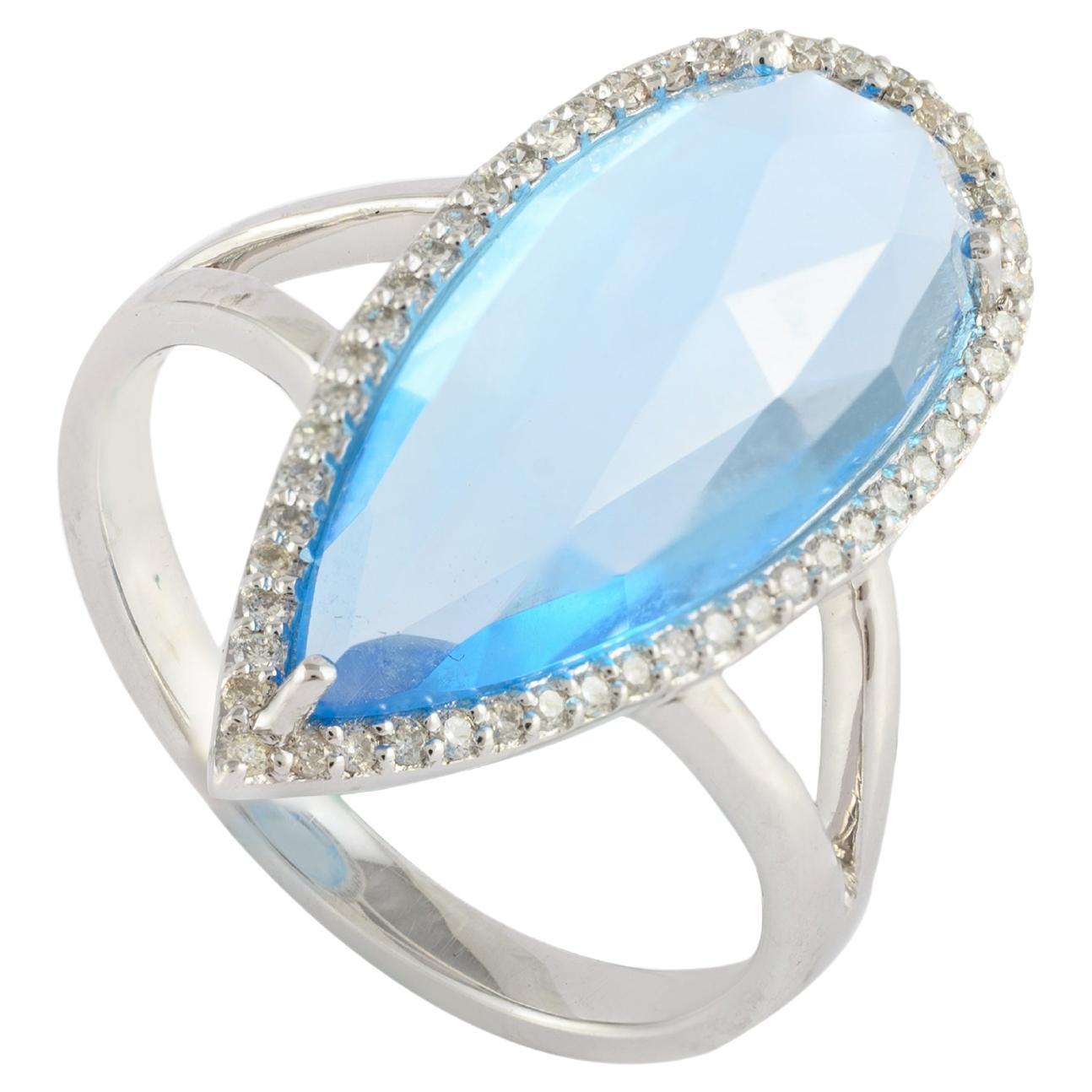 For Sale:  Glitzy 6.82 Carat Pear Blue Topaz Diamond Cocktail Ring in 14k Solid White Gold