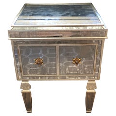 Glitzy Aged Mirrored Side Table Cabinet with Gold Star Knobs