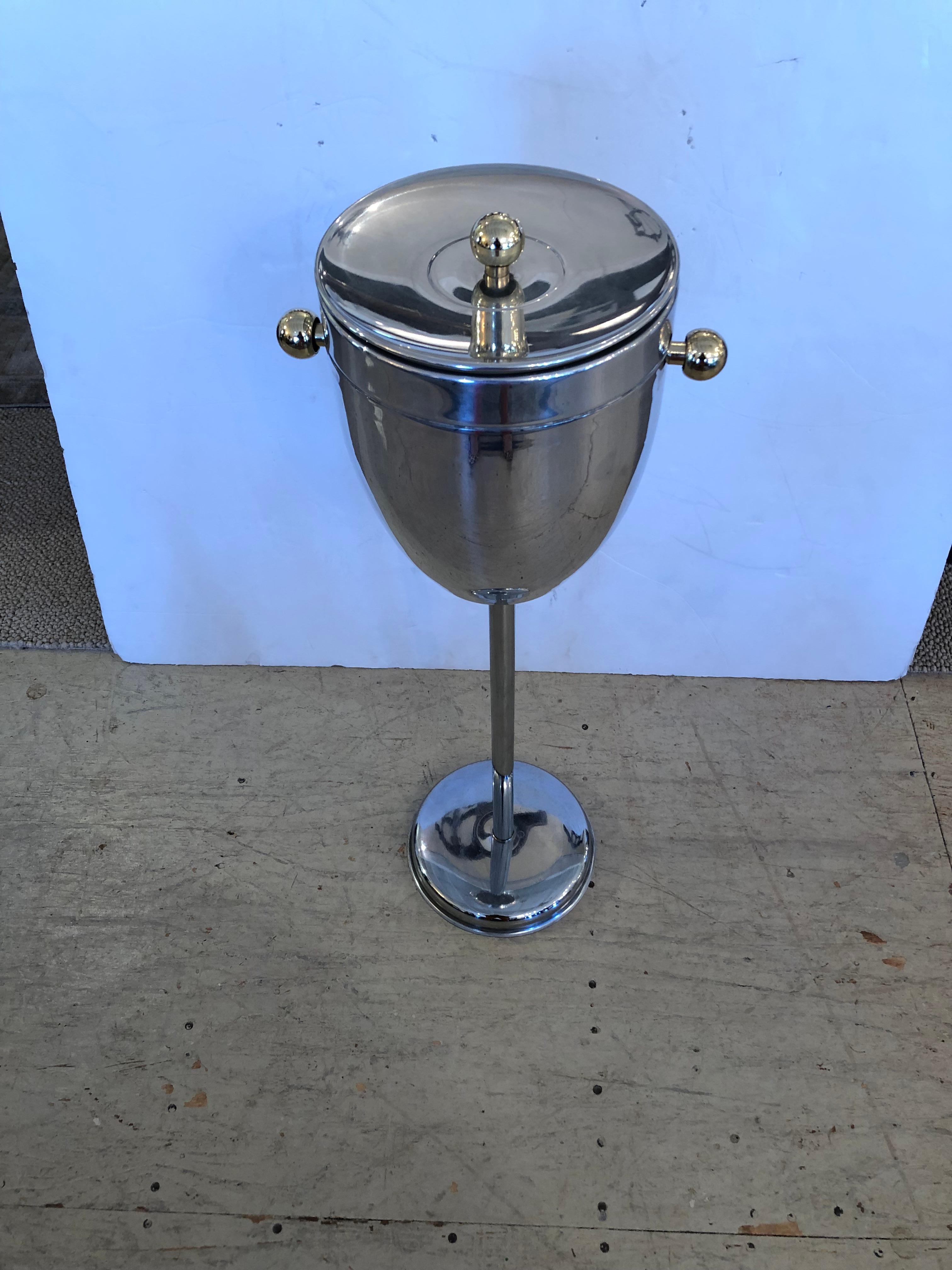 North American Glitzy Chrome Standing Champagne Ice Bucket with Brass Ball Shaped Handles