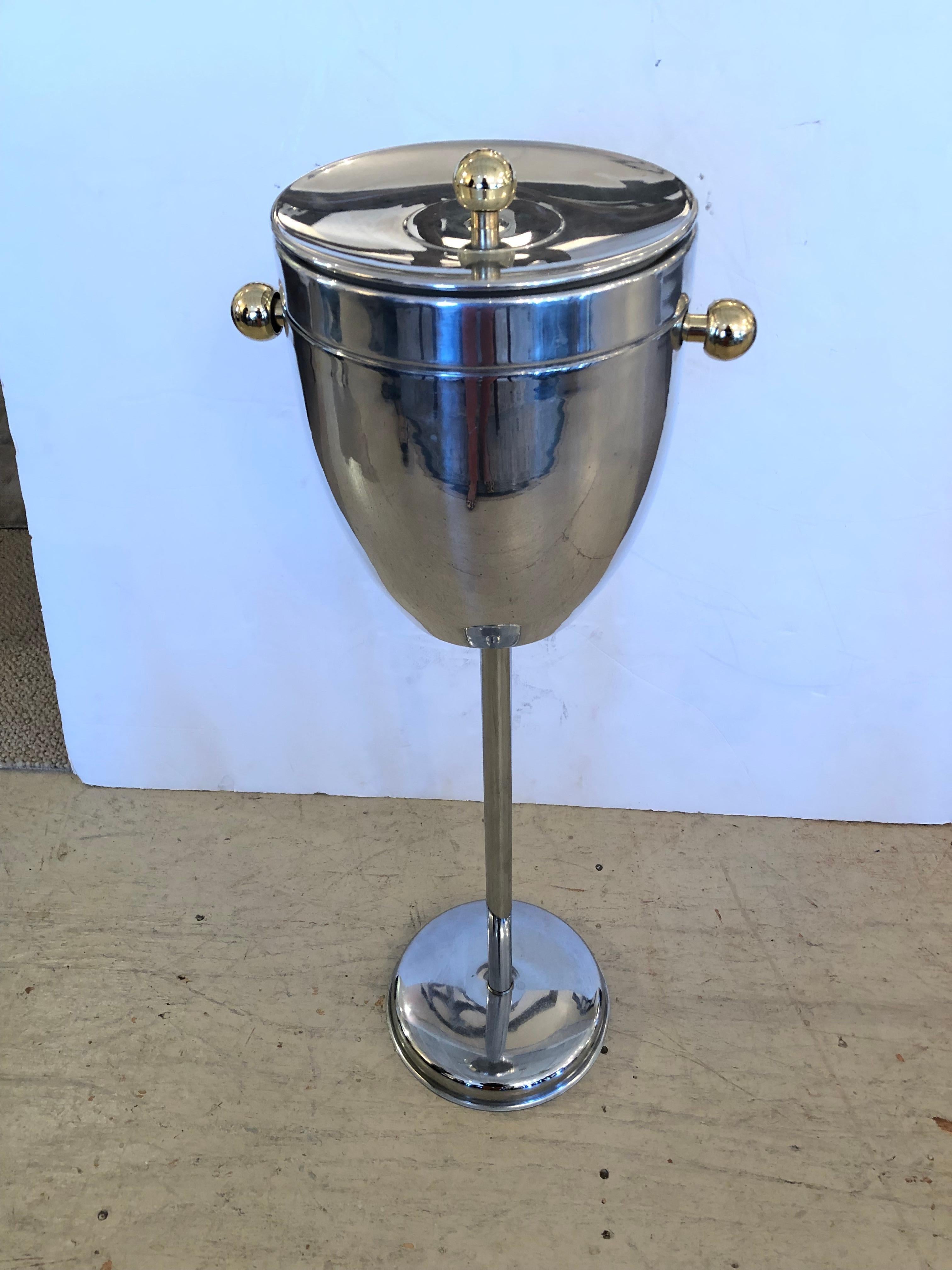 Glitzy Chrome Standing Champagne Ice Bucket with Brass Ball Shaped Handles 1