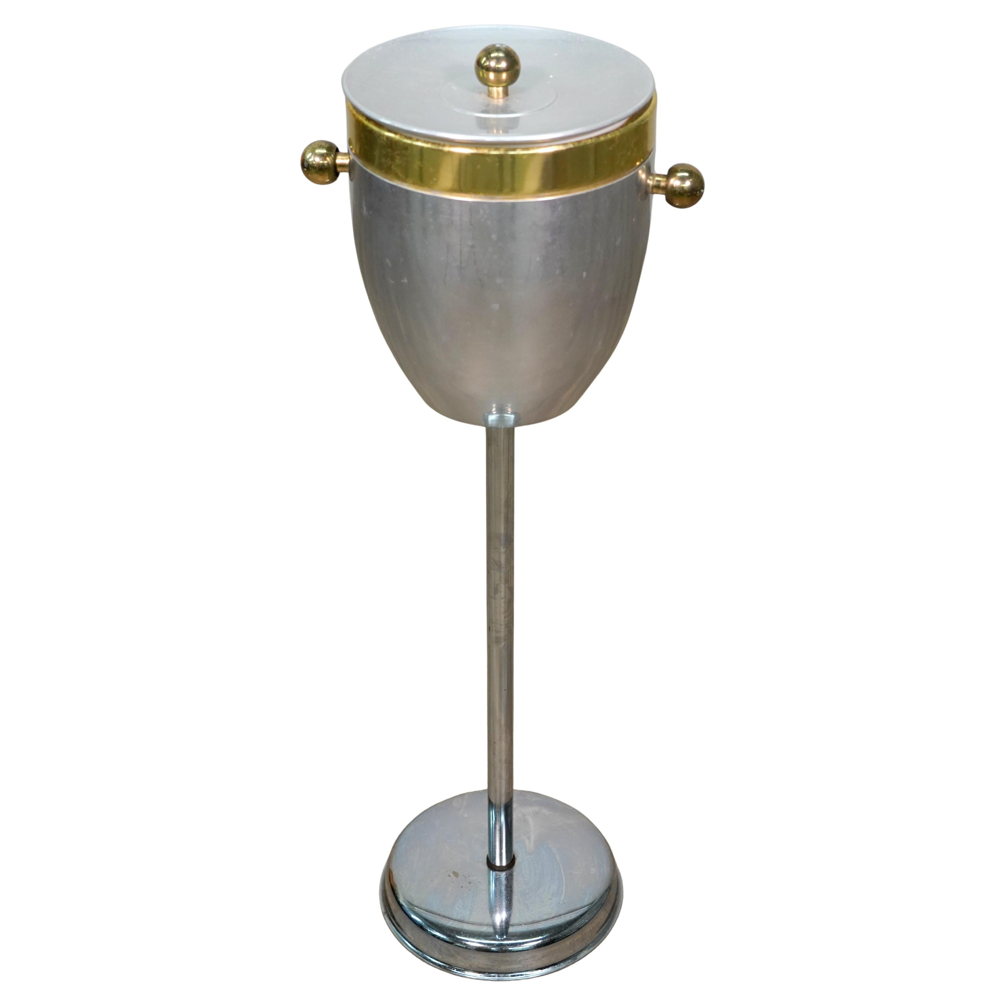 Glitzy Chrome Standing Champagne Ice Bucket with Brass Ball Shaped Handles